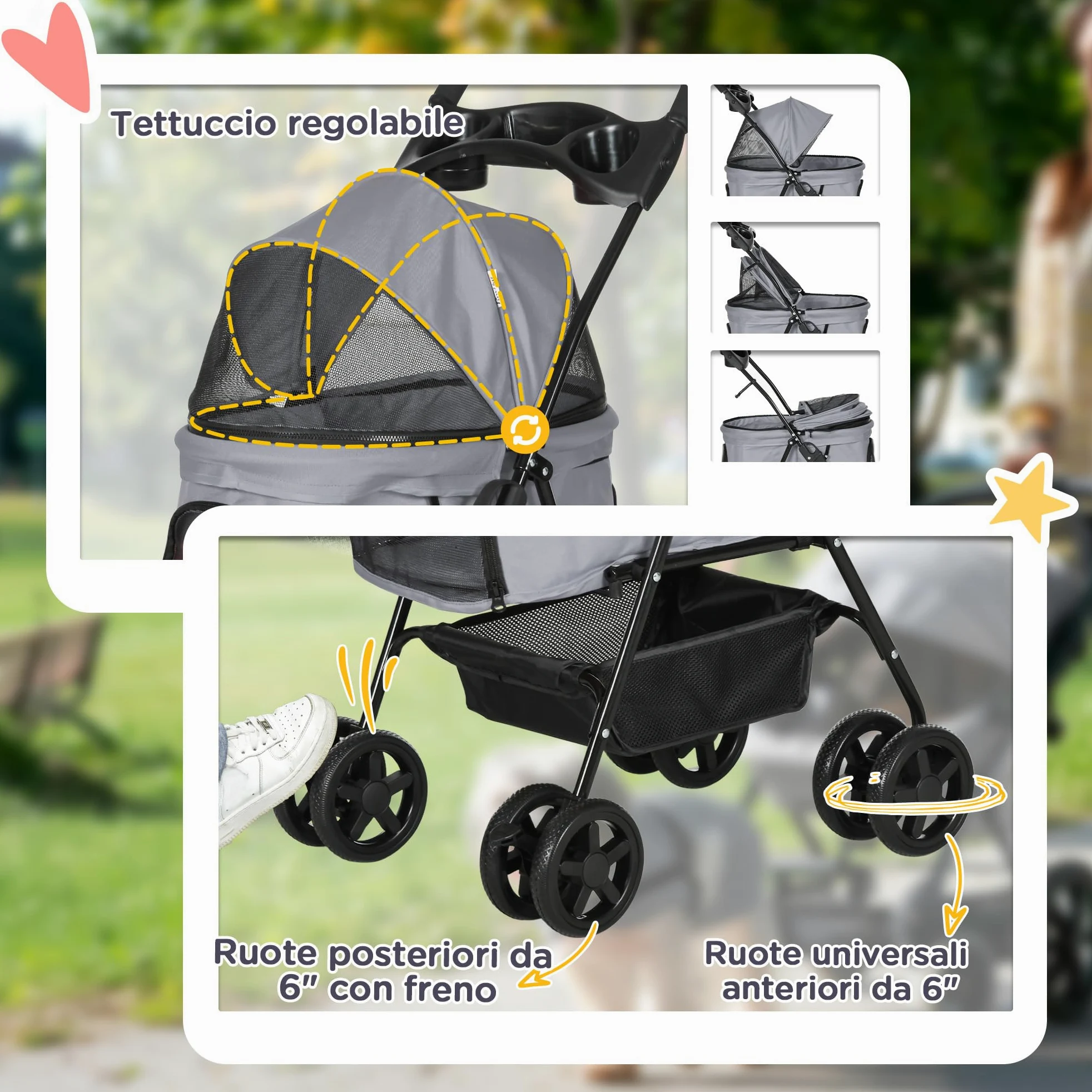PawHut Passeggino per Cani Piccoli Pieghevole, Passeggino Leggero per Animali con Ruote Girevoli, Guinzaglio di Sicurezza e Cestino Portaoggetti, 67x45x96cm, Grigio