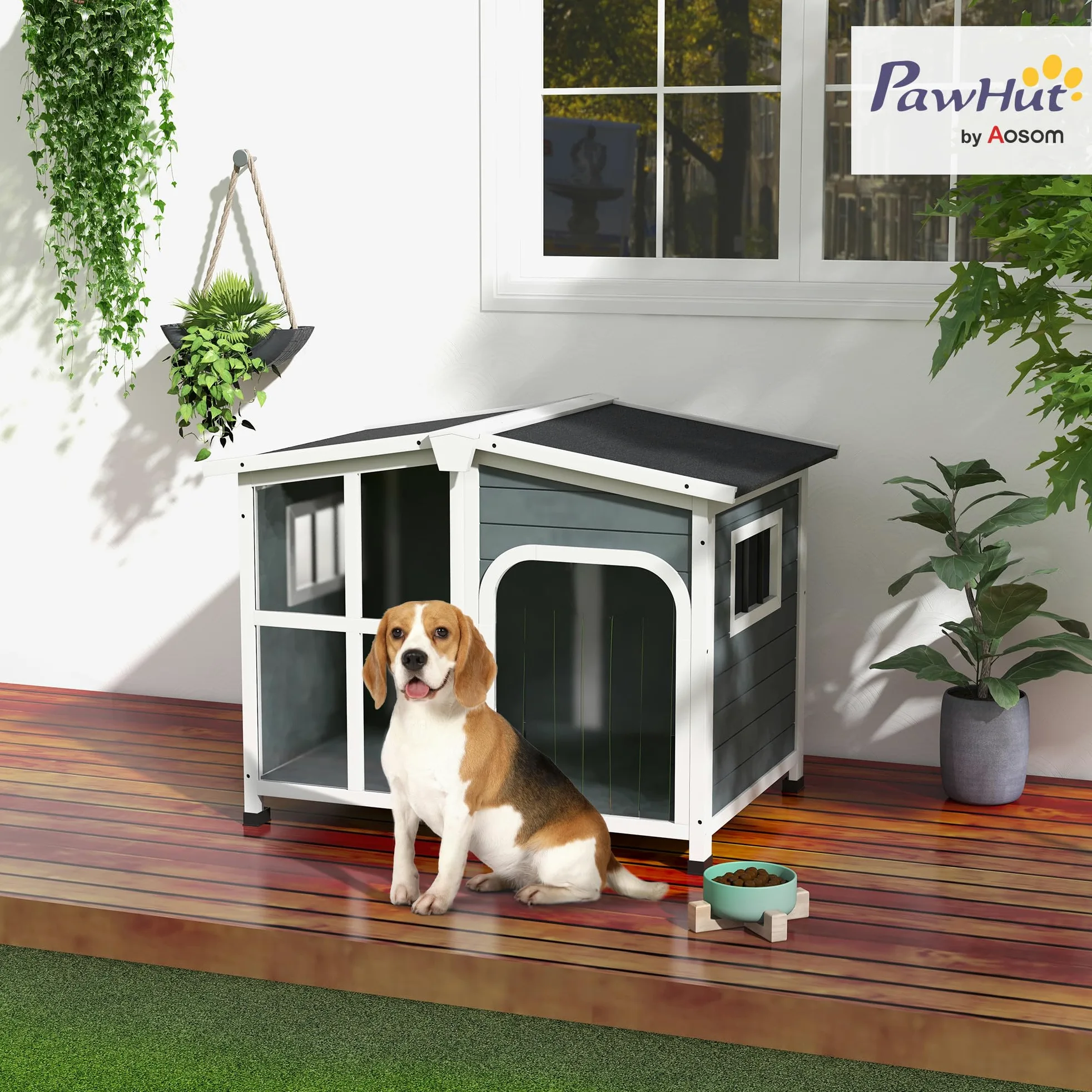 PawHut Cuccia per Cani da Esterno in Legno, Casetta per Cani con Tenda Protettiva, Finestra e Tetto Apribile, Cani Taglia Media max. 20 kg, 101x66.5x70.5cm, Grigio Scuro