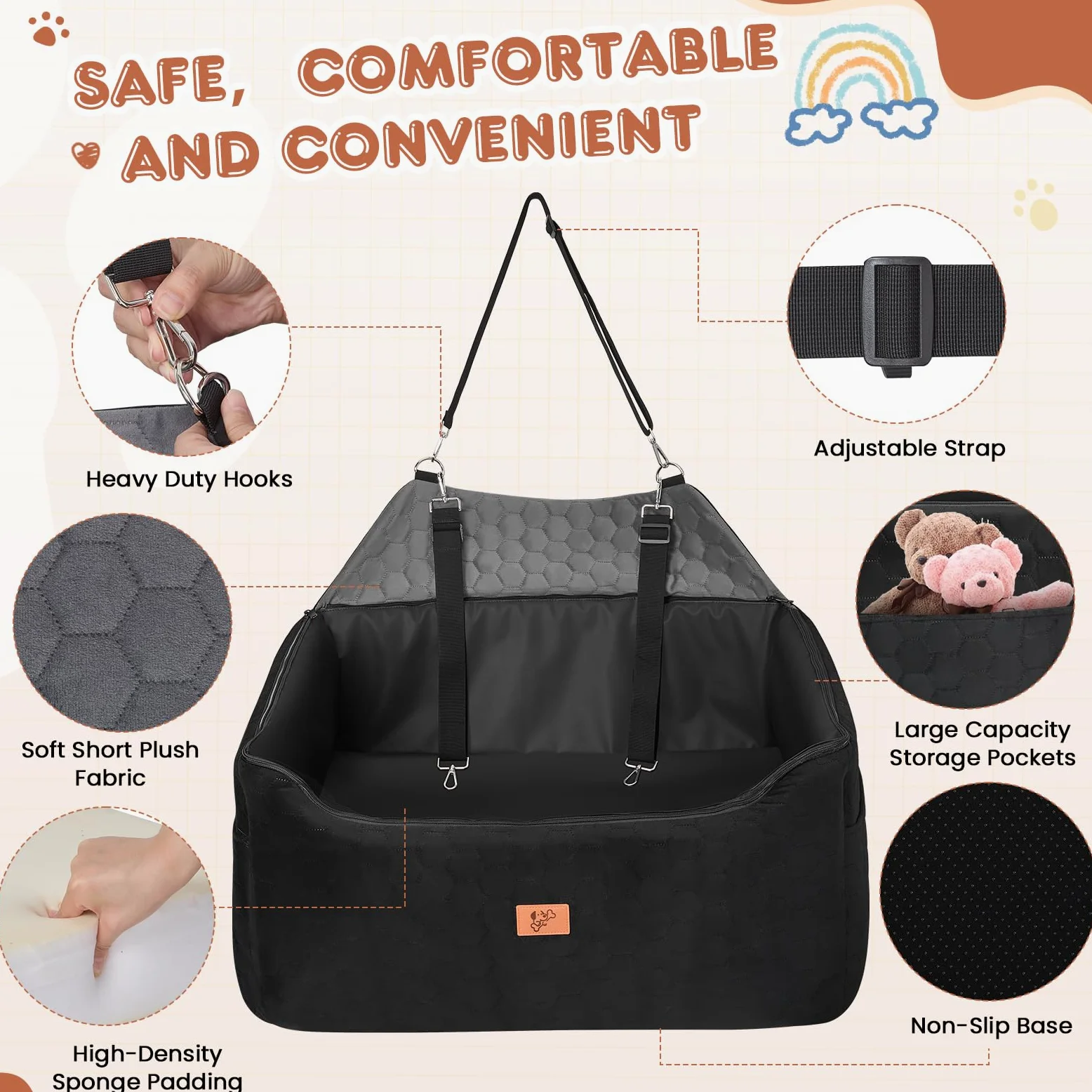 Seggiolino Auto per Cani 78x55x53cm, Rialzo Rimovibile e Lavabile per Cani di Taglia Media e Grande, Guinzaglio Incluso, Seggiolino Cane Auto più Pesanti (con Rivestimento in Pelle Impermeabile)