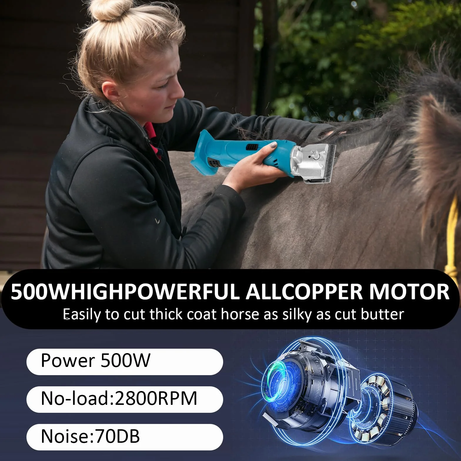 Tosatrice per cavalli bovini Compatibile con Makita 18V Batteria, Profi Rasoio cavalli per peli spessi e opachi, 6 velocità, 35 denti, tosatrice per cavalli a batteria con motore (senza batteria)