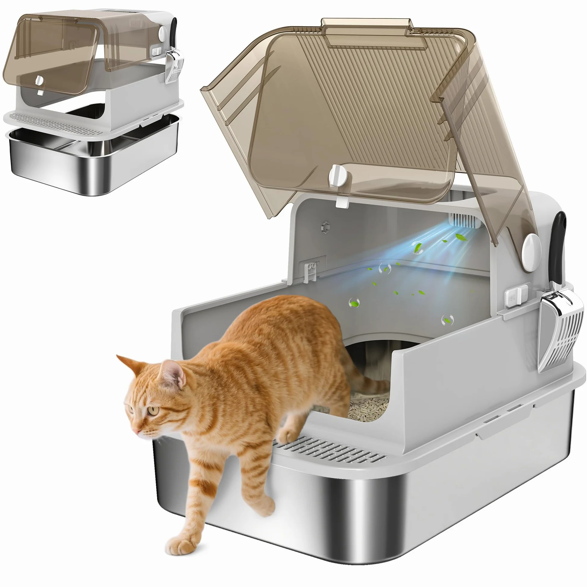 PawHut Lettiera per Gatti XXL con Coperchio in Acciaio Inox, Lettiera Chiusa con Coperchio Apribile a 90°, Doppie Porte, Paletta e Deodorante, Capacità 20 kg, 70x50x46.5 cm, Grigio