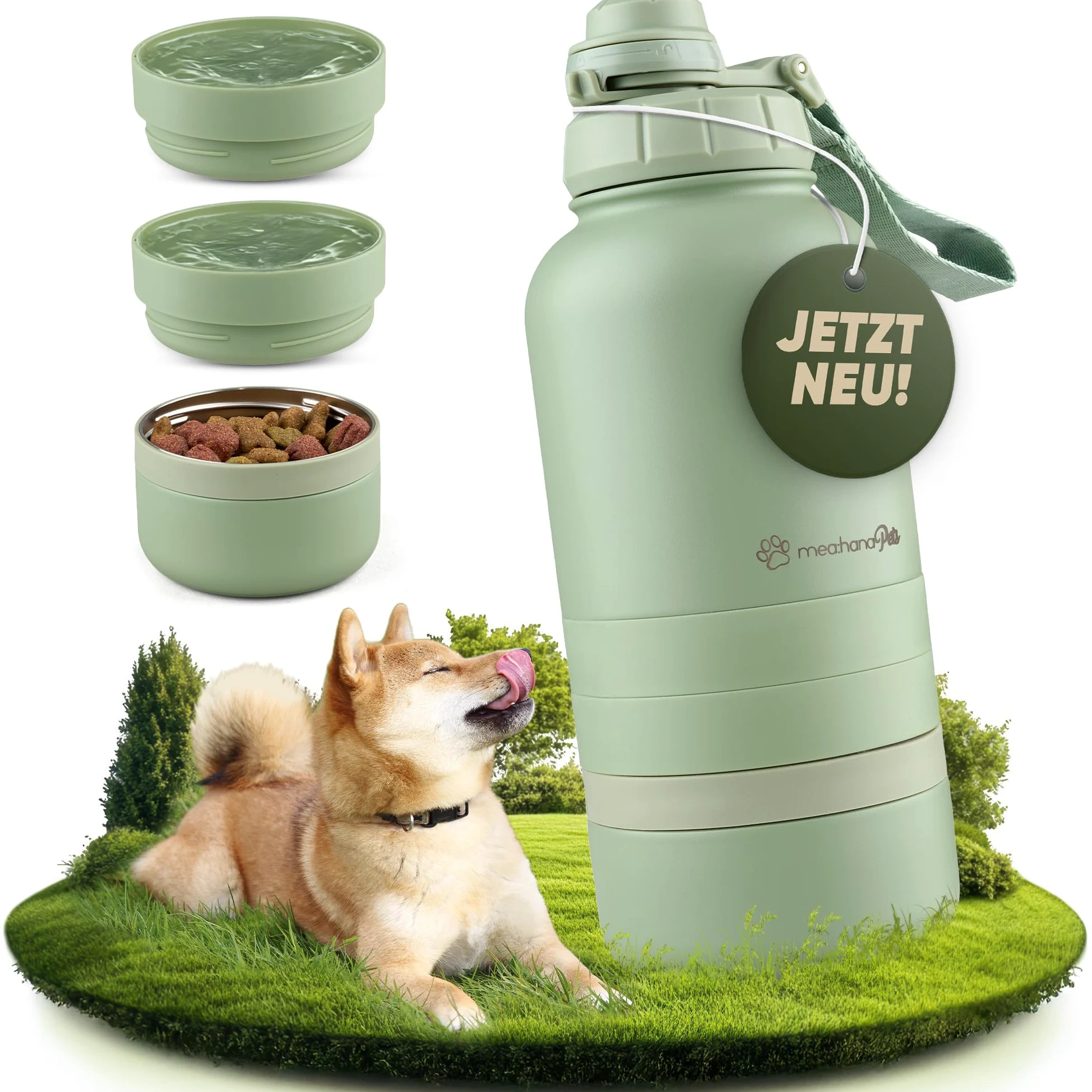 Pets - Borraccia per cani da viaggio, 1 l, con ciotole, ideale per viaggi, esterni, in acciaio inox isolato con ciotola, accessori per cani, bottiglia per cani con contenitore per alimenti