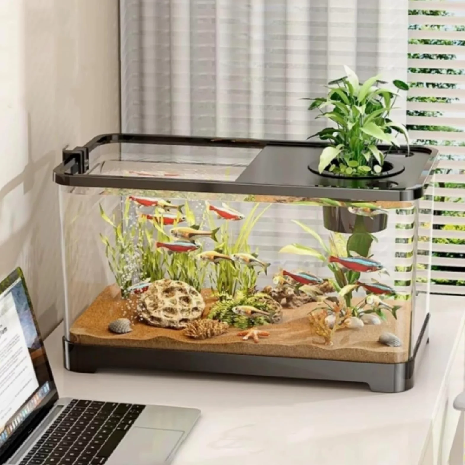 Kit Acquario Piccolo Acquario per Pesci Betta e Principianti, Vasca decorativa Silenziosa per Tartarughe e Animali Acquatici, Acquario da Scrivania Trasparente
