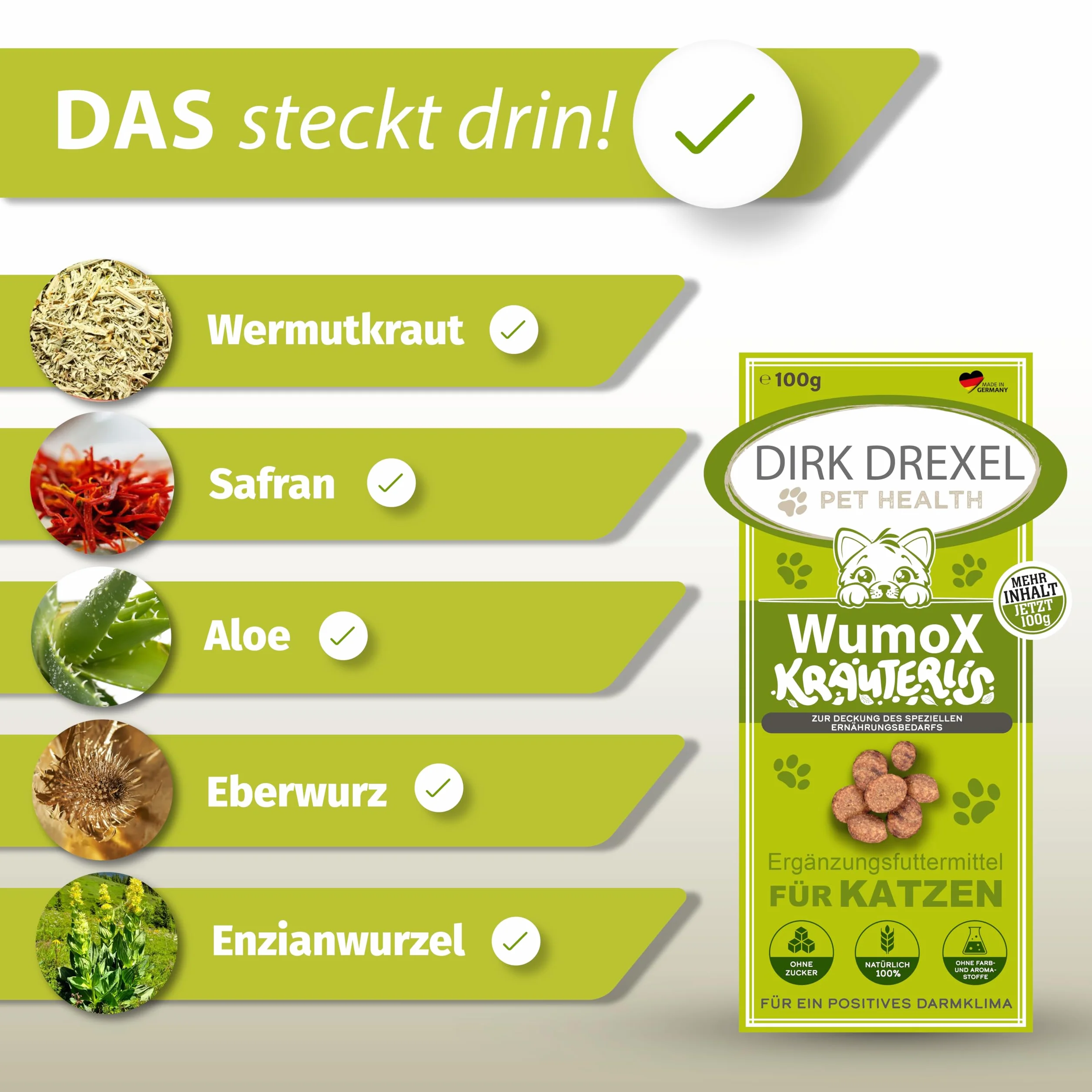 WumoX Herblis per gatti | Tratta con estratti di erbe | nutrizione naturale per rafforzare l'ambiente intestinale | con vero vermouth | alternativa naturale