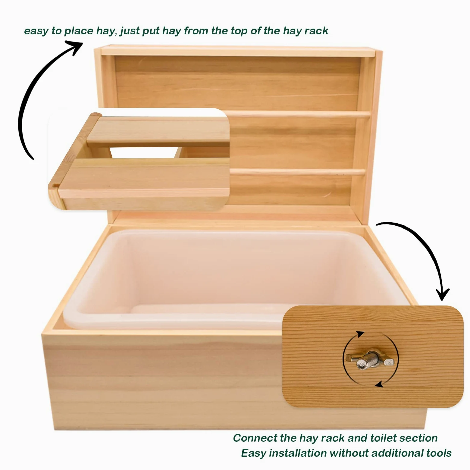JoliJour Mangiatoia Fieno 2 in 1 per Conigli e Porcellini d'India, Alimentatore per Fieno e Lettiera in Legno e Plastica, 43 x 13.5 x 31.5 cm