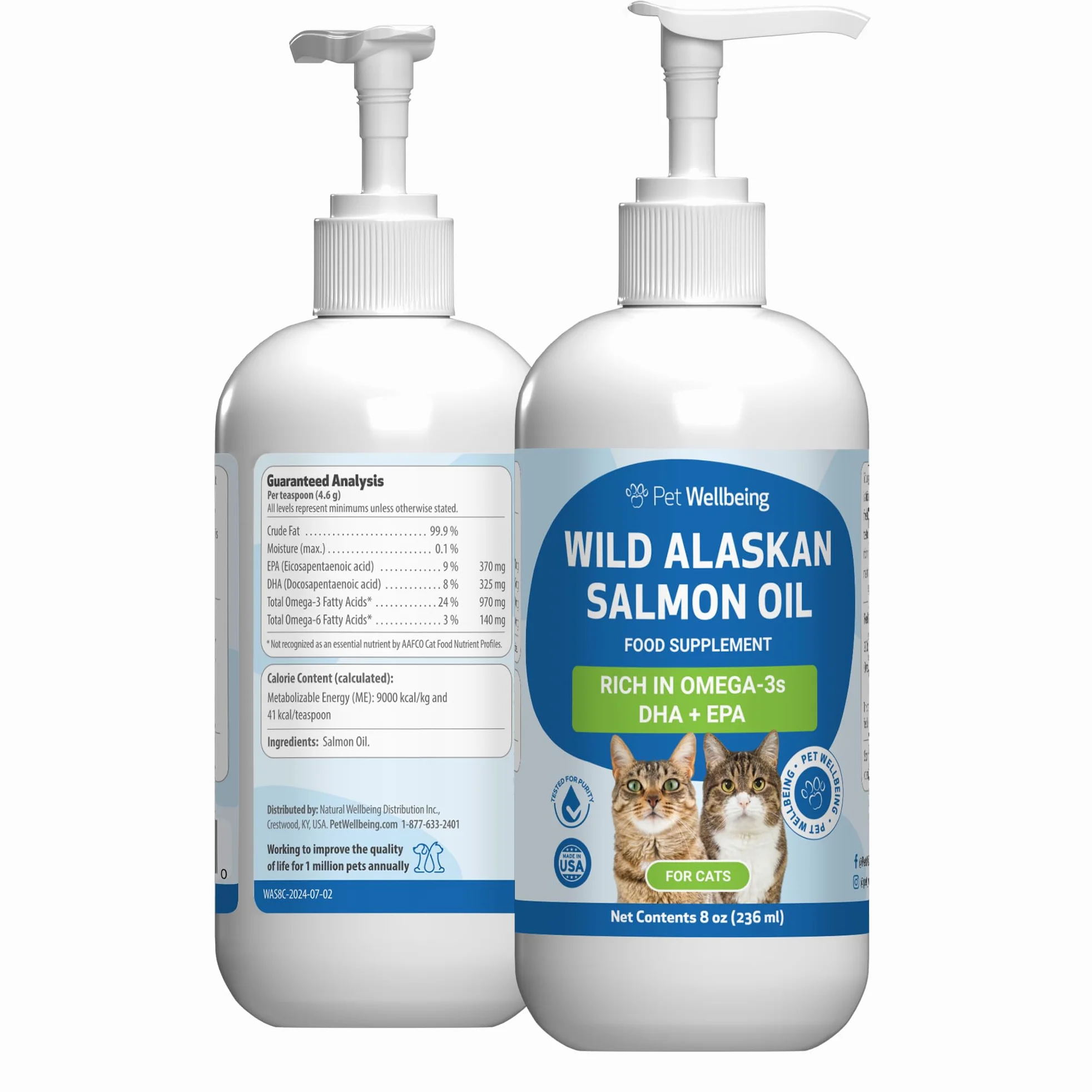 Pet Wellbeing Olio di salmone selvatico dell'Alaska per gatti, olio di pesce omega-3 catturato in natura, lavorato a freddo, per pelo e pelle sani, mobilità e forza articolari, EPA, DHA, 236 ml