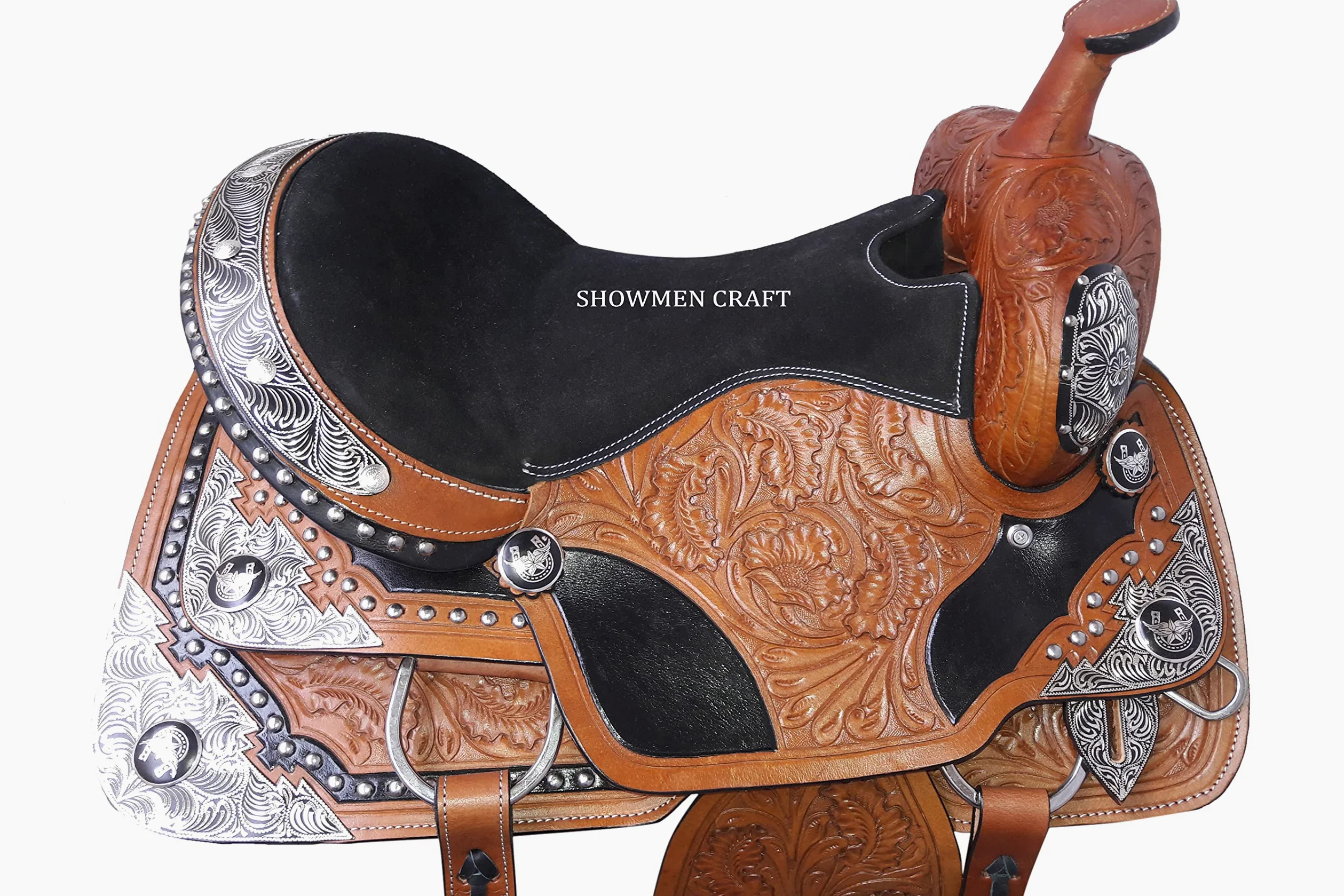 Sella western in pelle completamente show sella con canchos angolo argento con testiera e pettorale abbinati