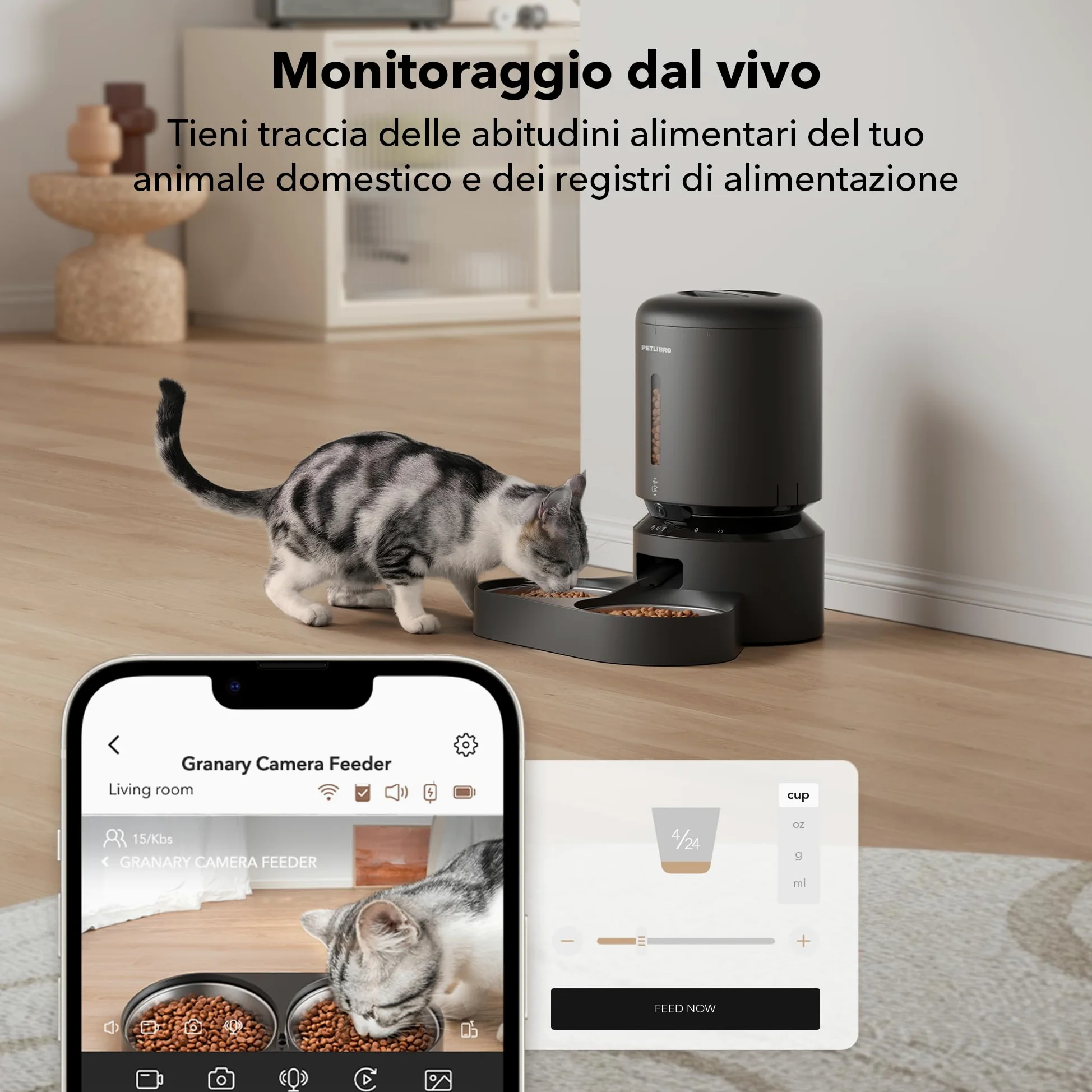 PETLIBRO 5G&2.4G WiFi Distributore Automatico Cibo Gatti con Telecamera,5L 1080P HD Distributore Automatico Cibo Cani con 2 Ciotole in Acciaio Inox,1-10 Pasti/Giorno,APP Controllo,USB e Batterie, Nero