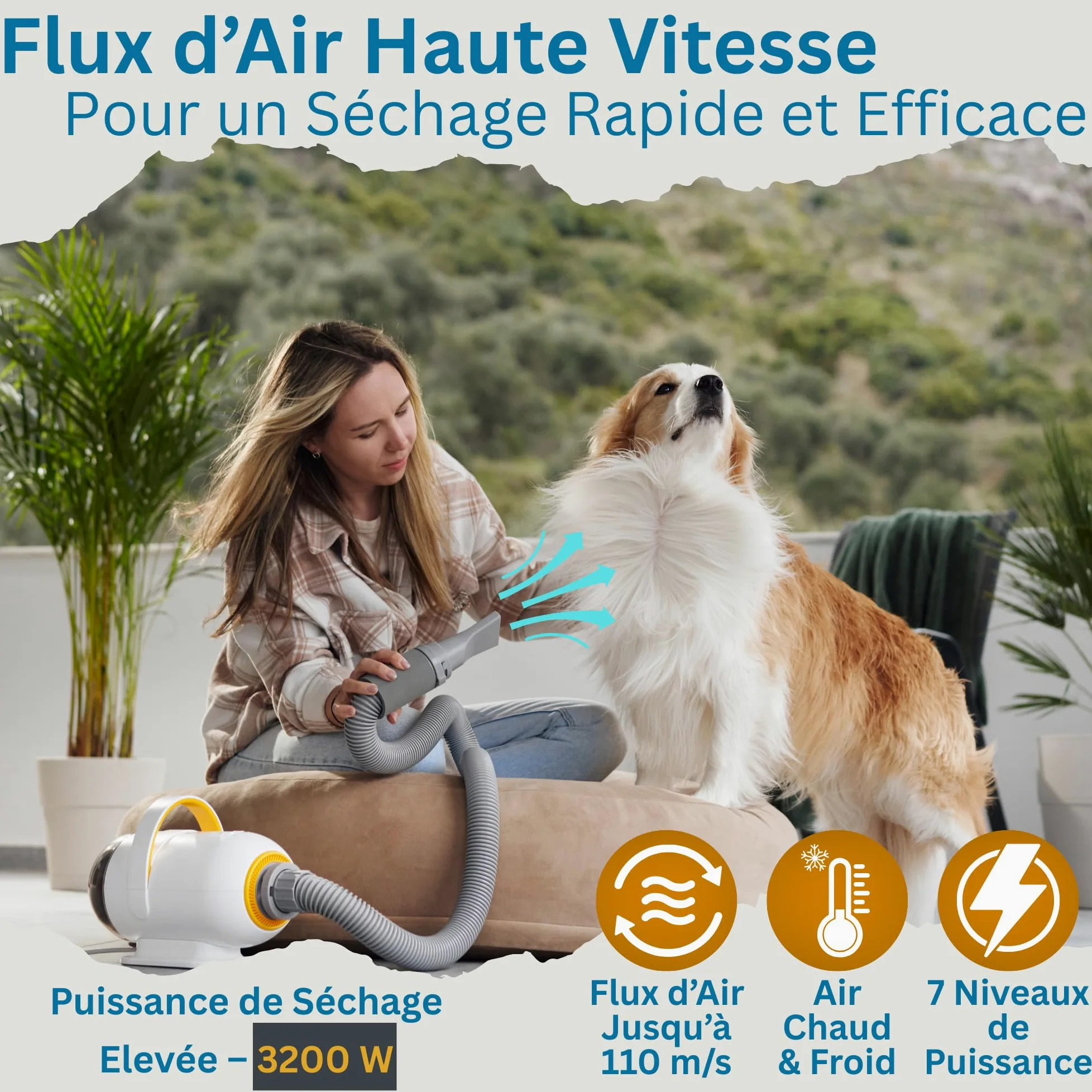 MUGGI Pulsore per cani 2 in 1 con funzione aspirapolvere peli di cane, asciugacapelli, 3200 W, 7 velocità caldo/freddo, anioni antistatiche, silenziose, tubo estensibile, 4 ugelli inclusi