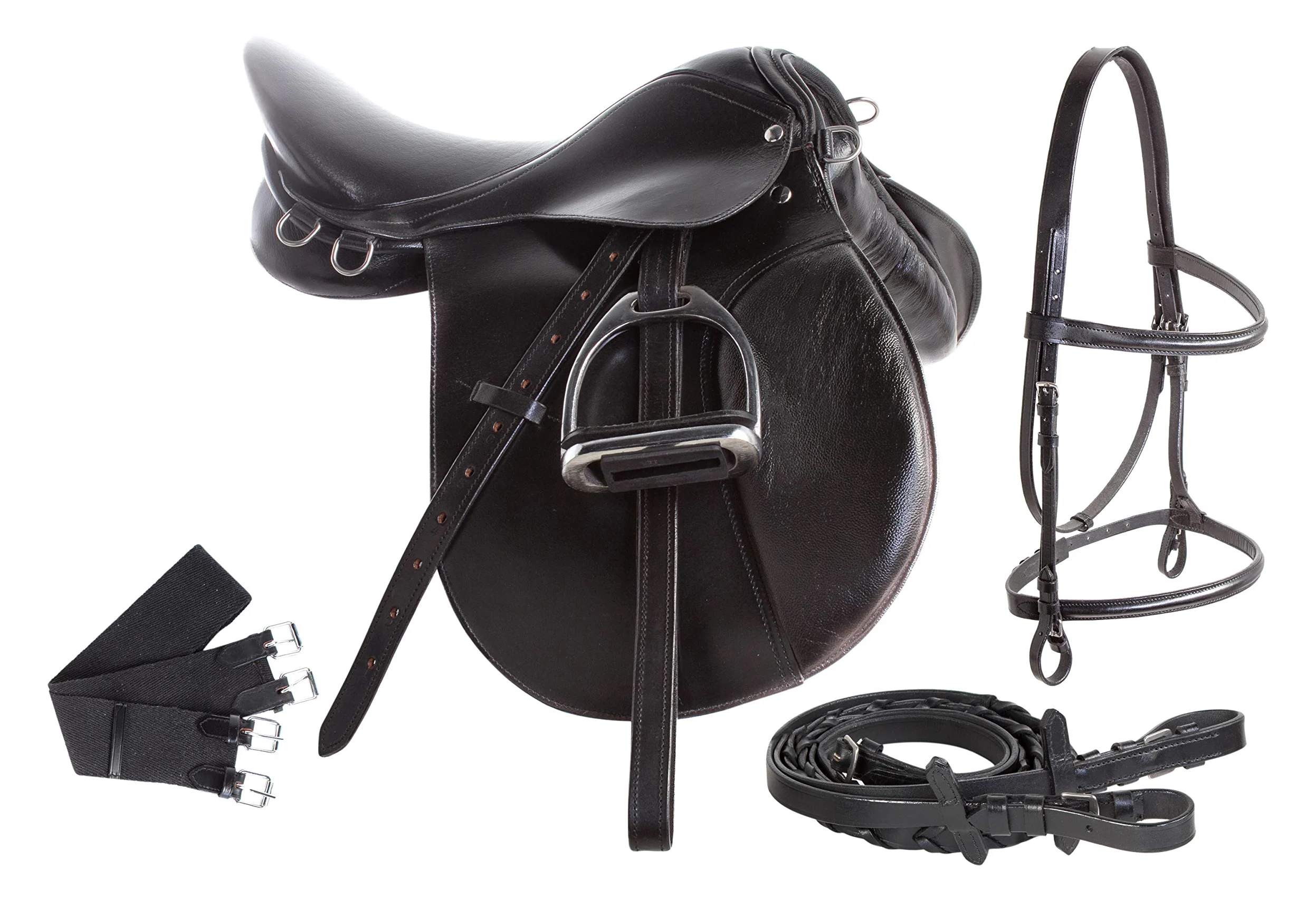 Equitazione Inglese Sella Tack Set Pelle Pelle Ferri Staffe Briglie REINS Circonferenza Cinch Tutti gli usi Show Jumping Trail Equestre Starter Package