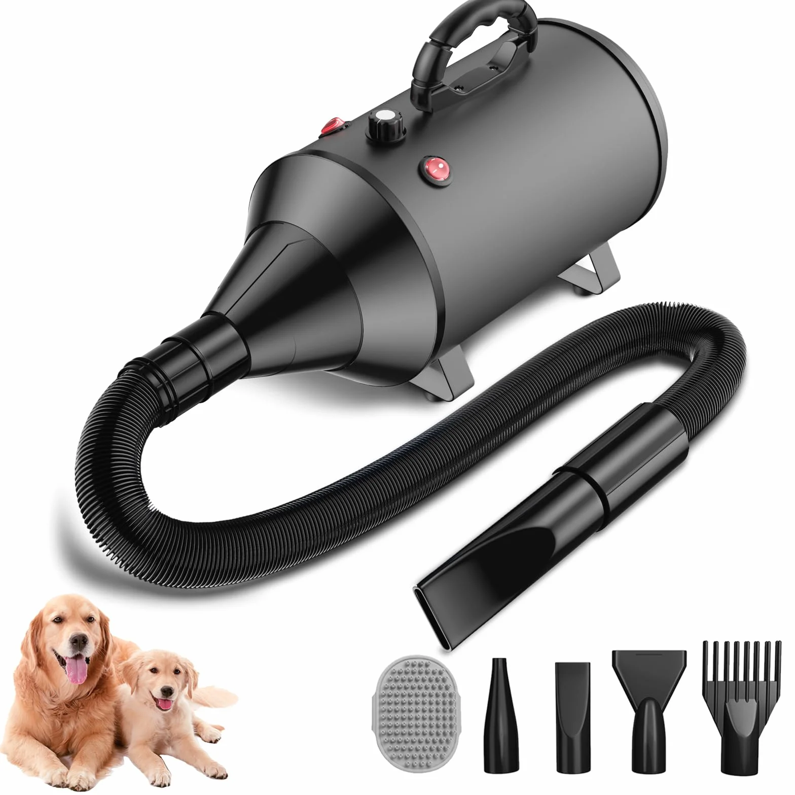 Soffiatore per Cani Blower Molto Silenzioso, 5,2 CV/3800 W, velocità Regolabile, Ventilatore per la Cura del Cane con 4 Diversi ugelli, Tubo Elastico e Spazzola per la Cura (Nero)