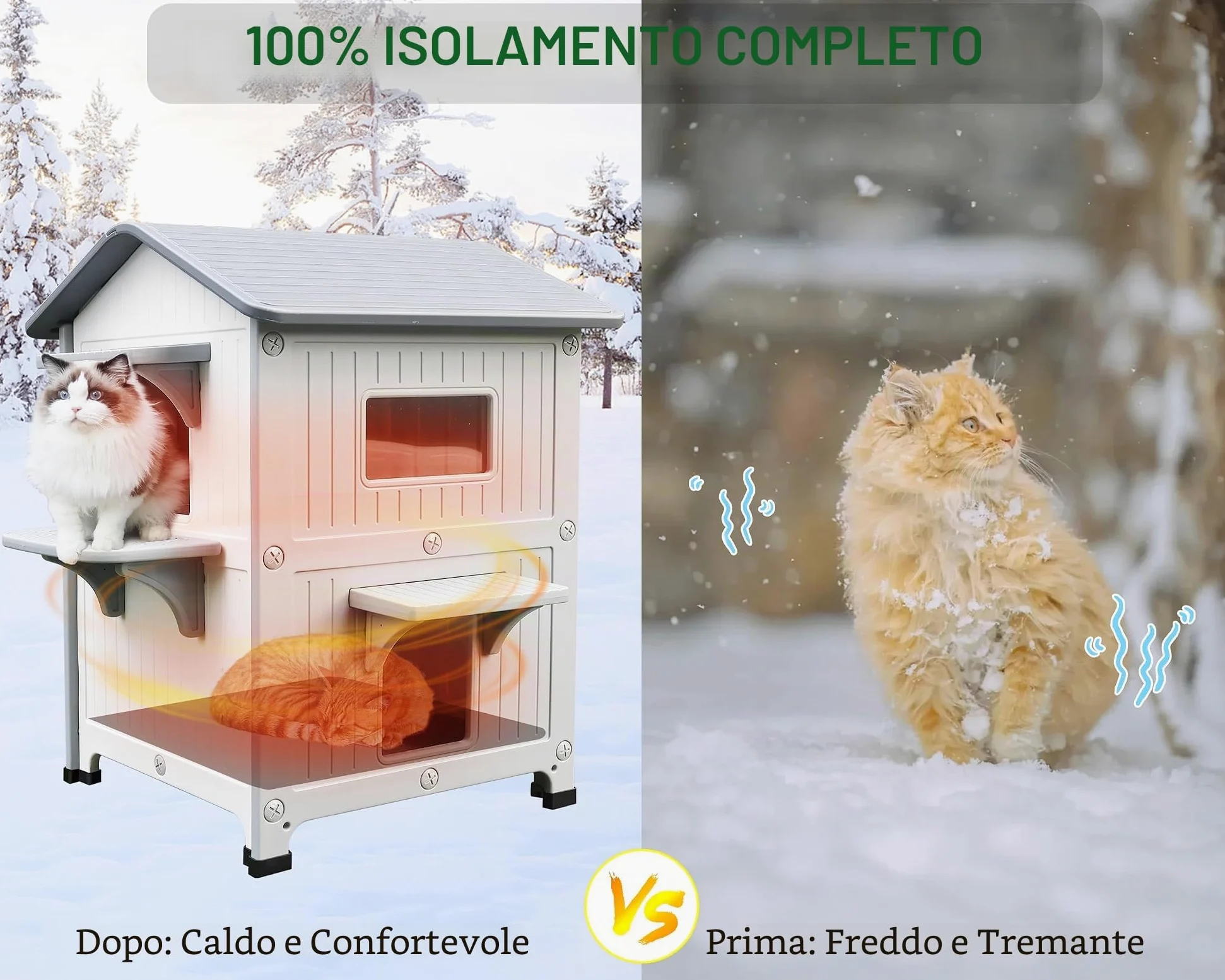 2 pezzi Casetta per gatti all'aperto con rivestimento isolato, case per gatti all'aperto in plastica rifugio per gatti all'aperto resistente alle intemperie con porta di fuga