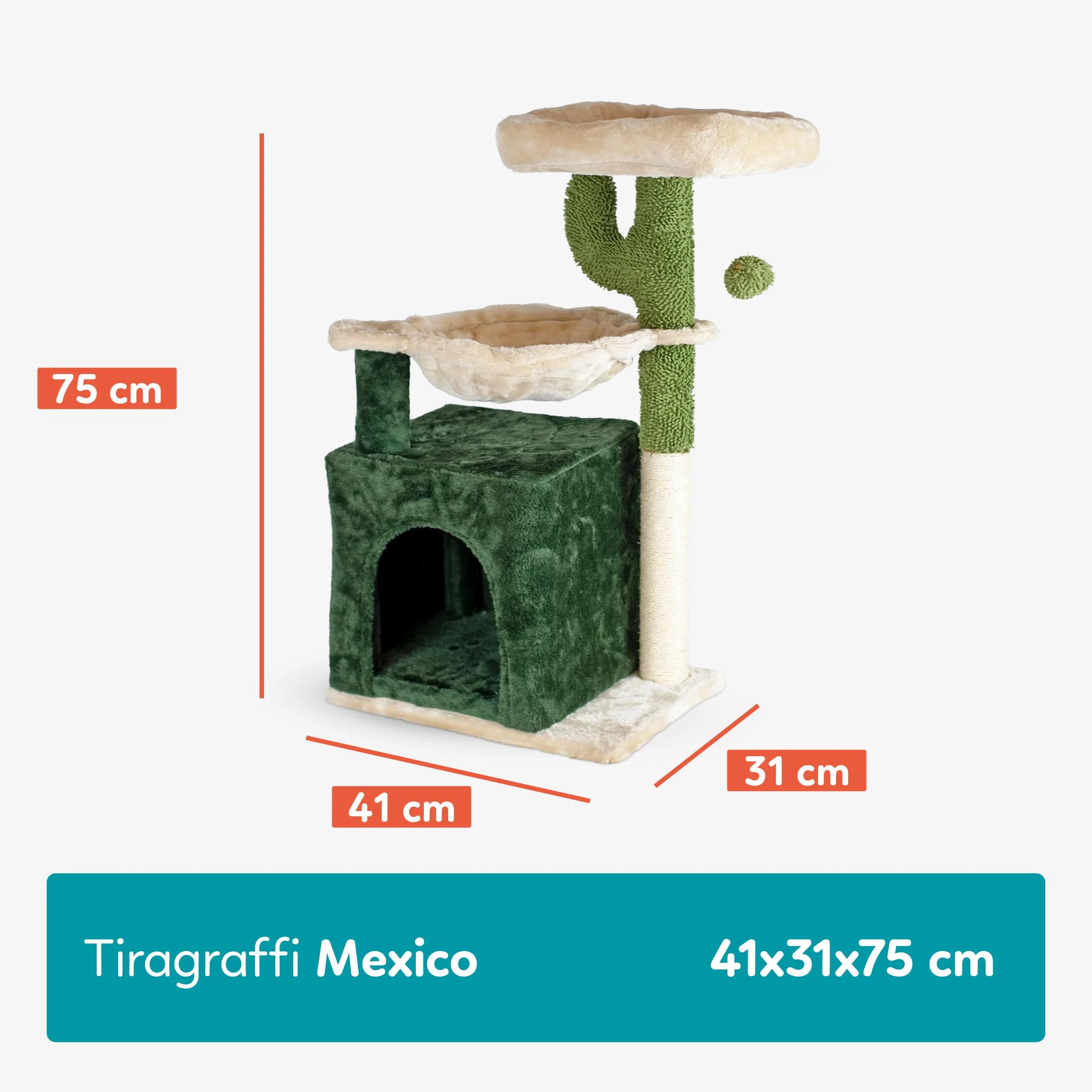 Aqpet Tiragraffi con Cuccia e Amaca in Sisal e tessuto, Alto 75 cm per il massimo divertimento del tuo gatto, Colore Beige/Verde