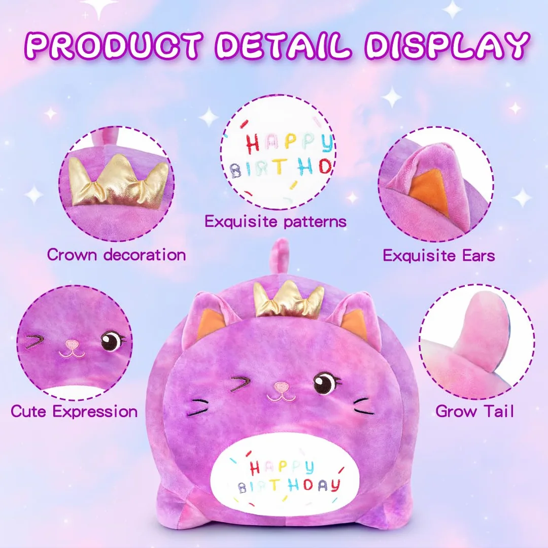 Peluche Gatto Compleanno - Giocattolo Morbido con Scritta 'HAPPY BIRTHDAY', Regalo Personalizzabile per Bambini Adulti (25CM,Viola)