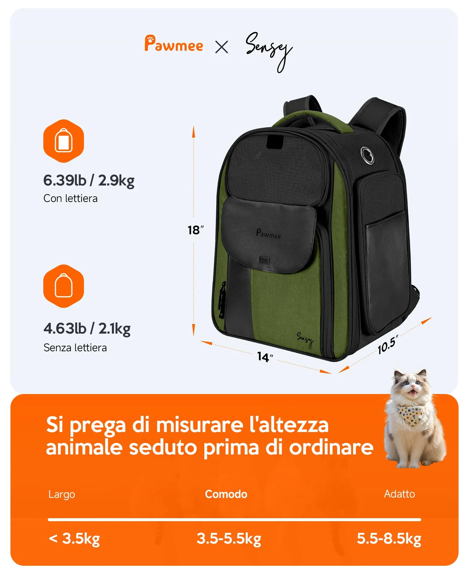Zaino per Gatti con Portalettiera, Pawmee x Sensej, Portatile e Salvaspazio, Zaino Espandibile con Rete Traspirante, per Gatti Fino a 8kg, Ideale per Viaggi, Escursioni, Black Green