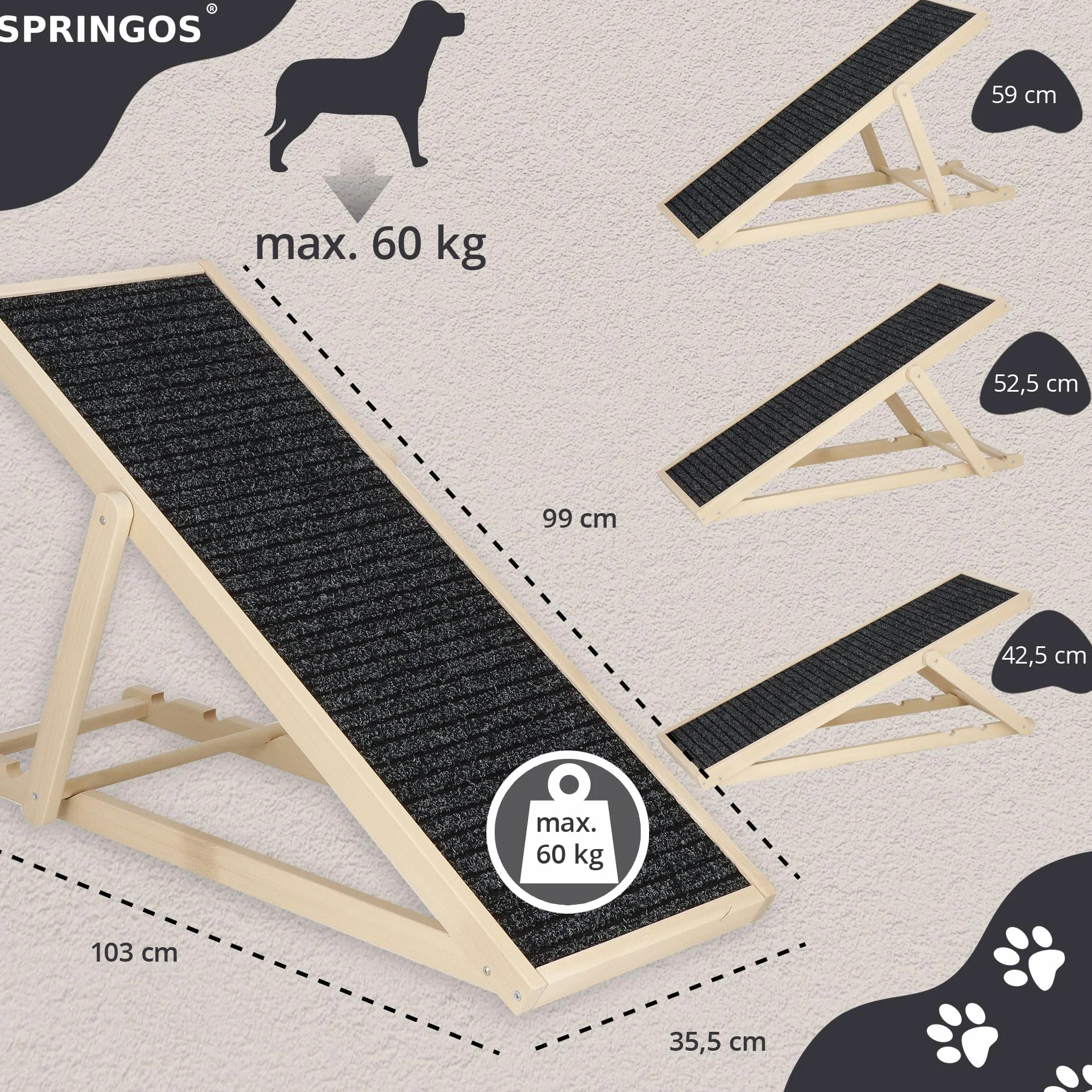 SPRINGOS Rampa per cani Gradini per cani regolabili da 42,5-59 cm per letto o divano Scala per cani pieghevole in legno Rampa di accesso per animali domestici con inserto antiscivolo
