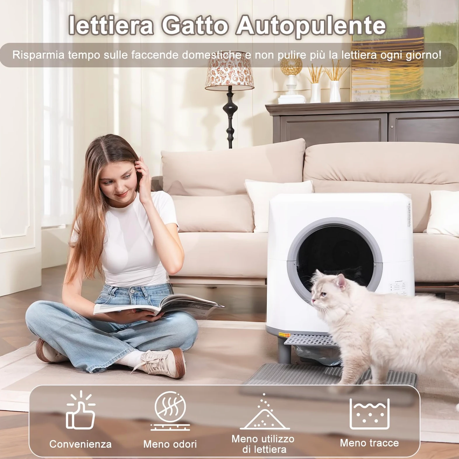 Lettiera Gatto Autopulente Silenziosa, Anti-Perdite/Schiacciamento/Odore, Lettiera Automatica Wifi per Gatti con APP, 90L Per Più Gatti, Svuotamento Con Un Solo Tasto, Facile da Pulire