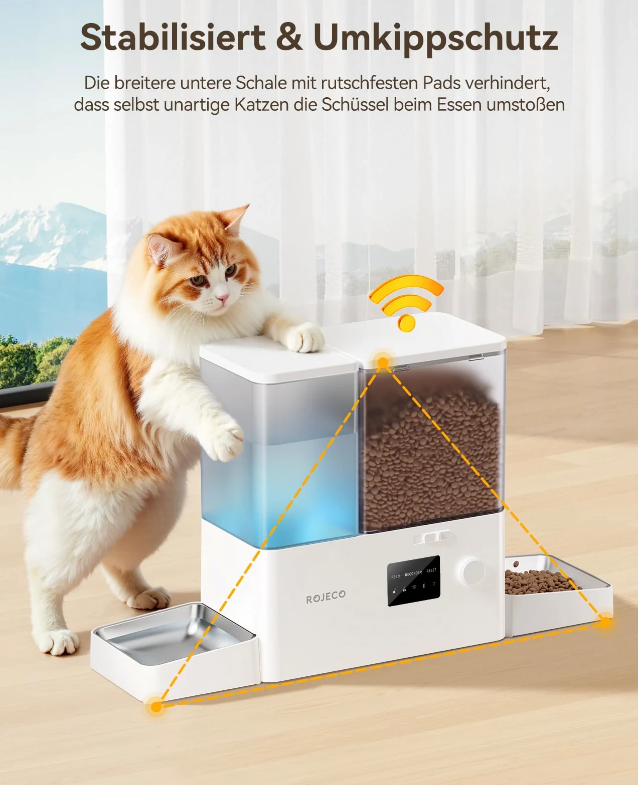 ROJECO Distributore Cibo Gatti Automatico 2-in-1 con Wi-Fi APP, 5L Crocchette + 3.5L Acqua a Gravità, Mangiatoia e Abbeveratoio per Gatti