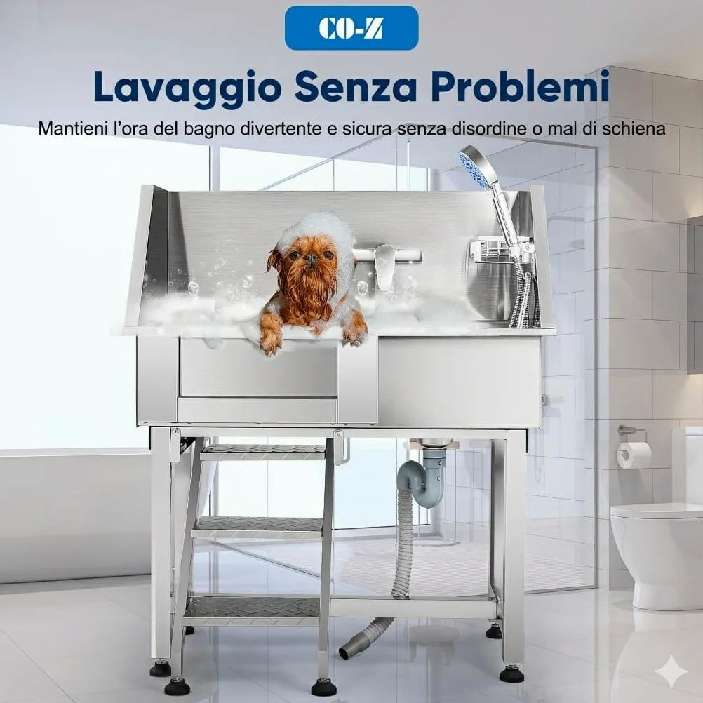 CO-Z 86 cm Vasca da Bagno per Cani in Acciaio Inossidabile, Vasca Toelettatura Professionale per Animali Domestici capacità 80 kg, Vasca Doccia per Toelettatura con Scale Porta Scorrevole Rubinetto