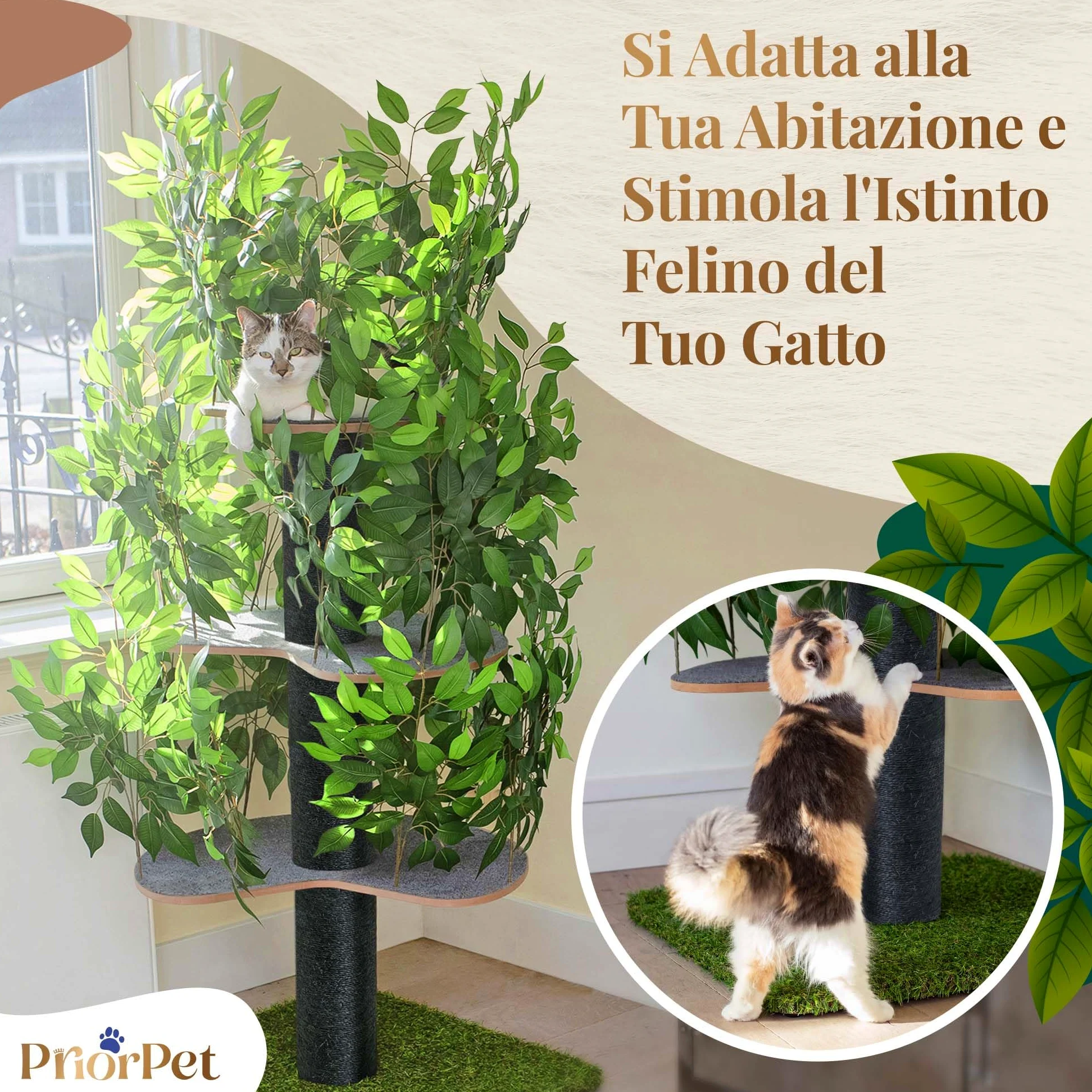 Albero per gatti con Foglie Intercambiabili - Brevettato Tiragraffi per Gatti Adulti, per Arrampicarsi Nascondersi e Dormire - Più Livelli, Facile da Montare - Tiragraffi Gatto Costruzione Robusta