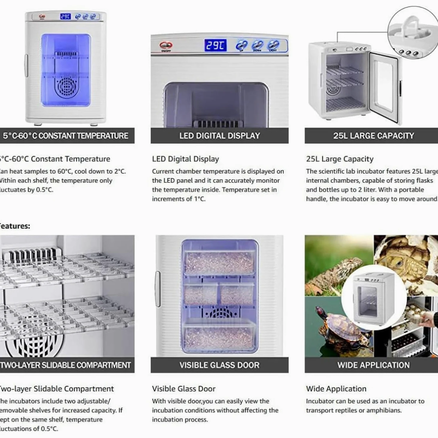 Incubatrice for rettili, incubatrice Animali Domestici da 25 Litri, Uova di Raffreddamento e Riscaldamento 5-60 ° C, Laboratorio scientifico Dig
