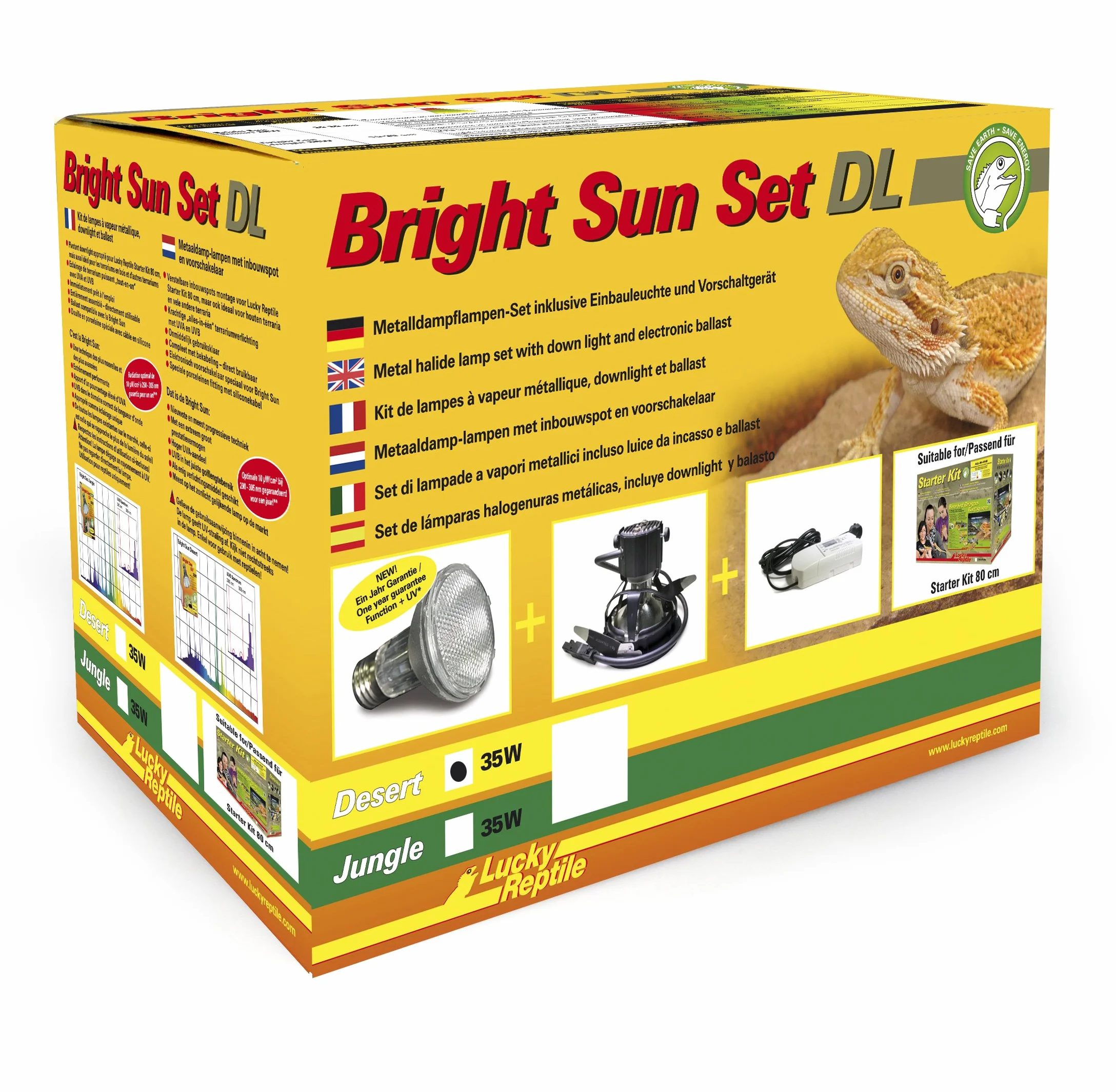 Lucky Reptile Set Bright Sun DL Desert - Lampada a vapori Metallici 35 W, Lampada da Incasso e Alimentatore - Lampada rettili con Spettro di Luce Solare - Accessori terrario - Set UV Bianco