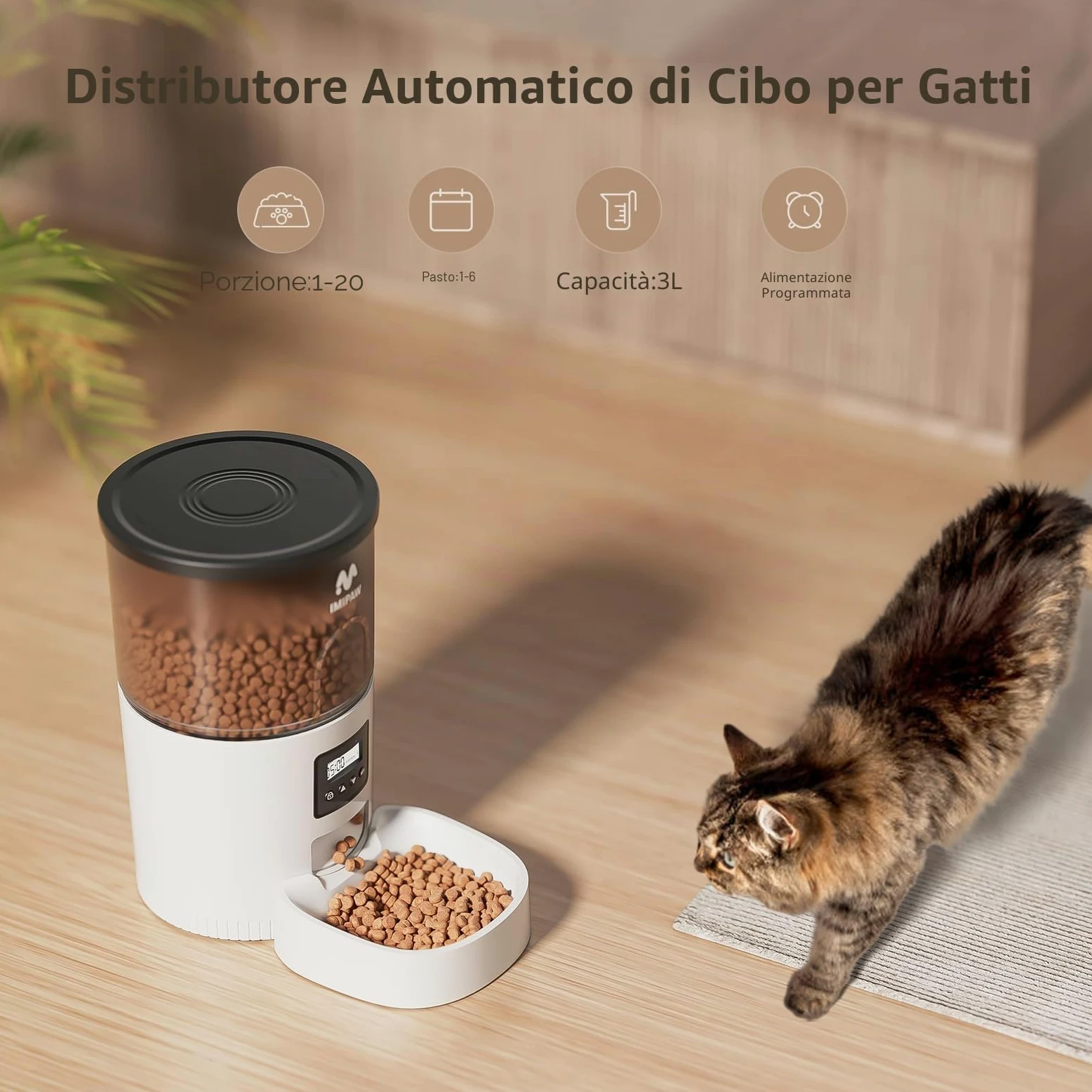 IMIPAW Distributore Automatico di Cibo per Gatti con Fontanella - Combo 3L | Dispenser Programmabile per Cani e Gatti, 1-6 Pasti al Giorno, Fontana con Filtro