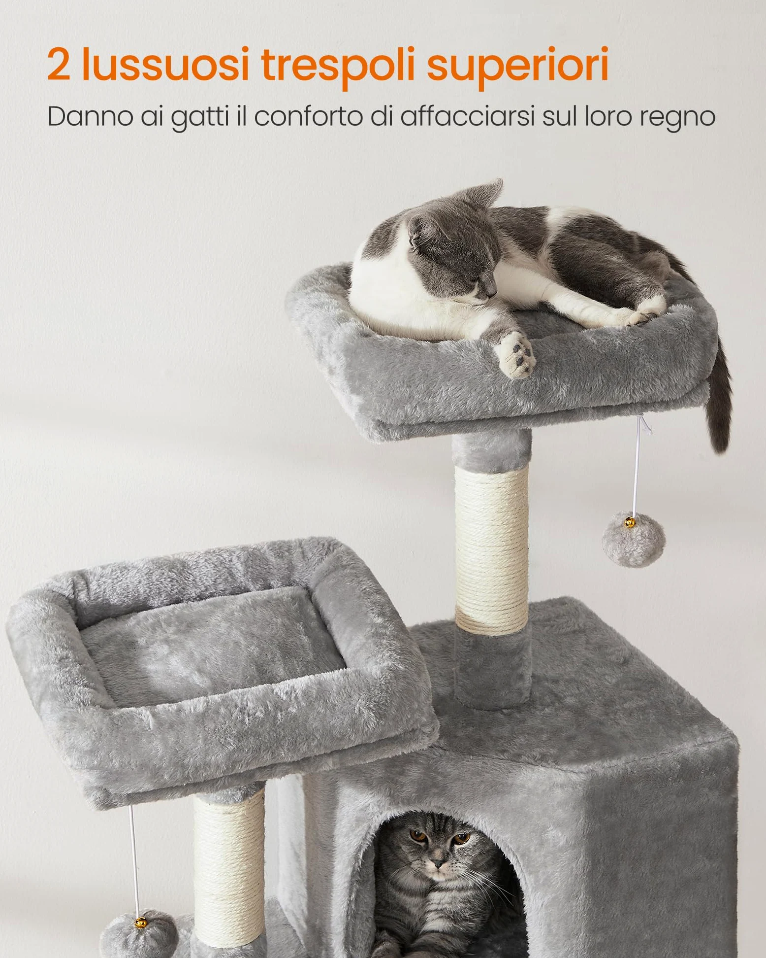 Feandrea Albero per Gatti, Casetta da 115cm, Tiragraffi, Grigio Chiaro PCT141W01V1