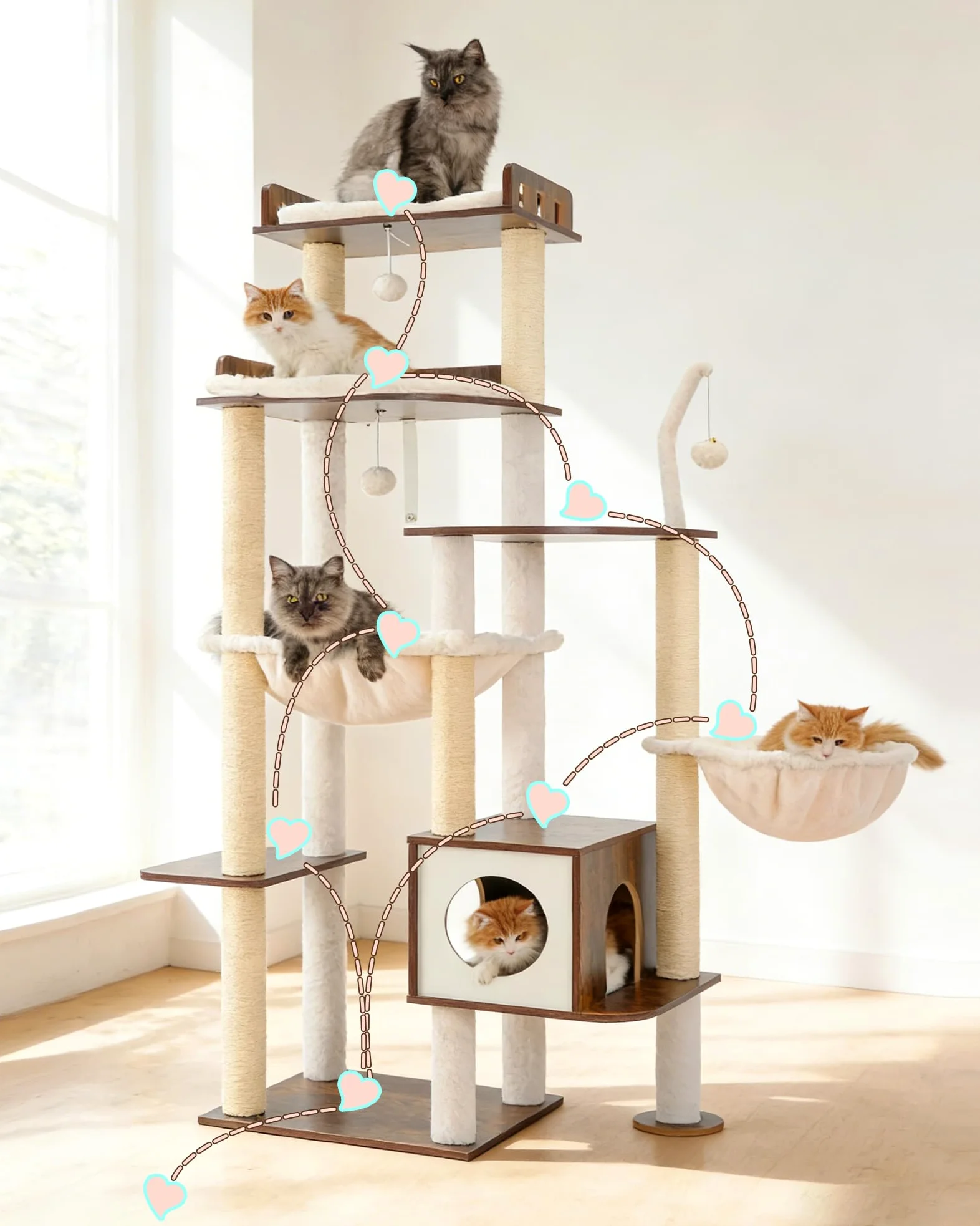 Heybly Tiragraffi per Gatti, Albero in Legno da 179 cm per Gatti Grandi, Struttura Ultra-Stabile, Arredo Moderno con Rivestimento in Sisal Totale, Condo e Amache, Marrone Vintage HCT121SR