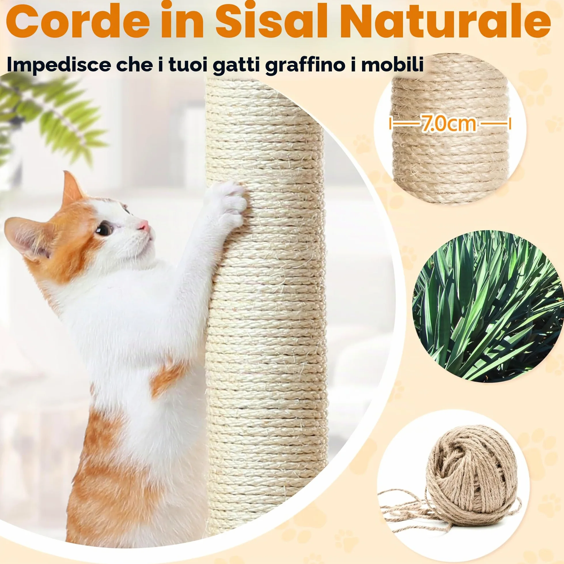 Yaheetech Albero Tiragraffi per Gatti Altezza 209 cm in Truciolato e Corda in Sisal con Condomini Posatoi e Amaca per Gioco e Pisolini Multilivello Beige