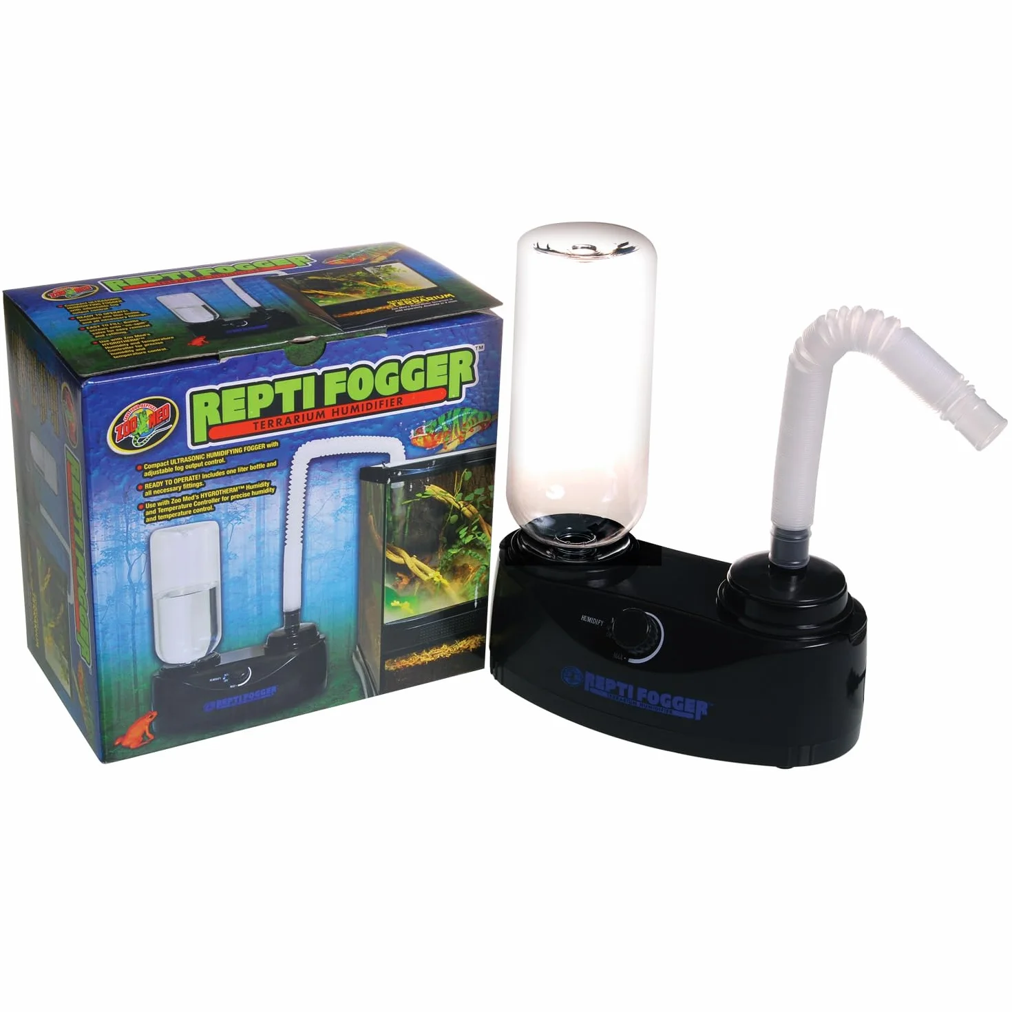 Zoo Med Repti Frogger - Umidificatore per terrari, compatto ad ultrasuoni, regolazione della nebbia, tanica da 1L, Pronto all'uso