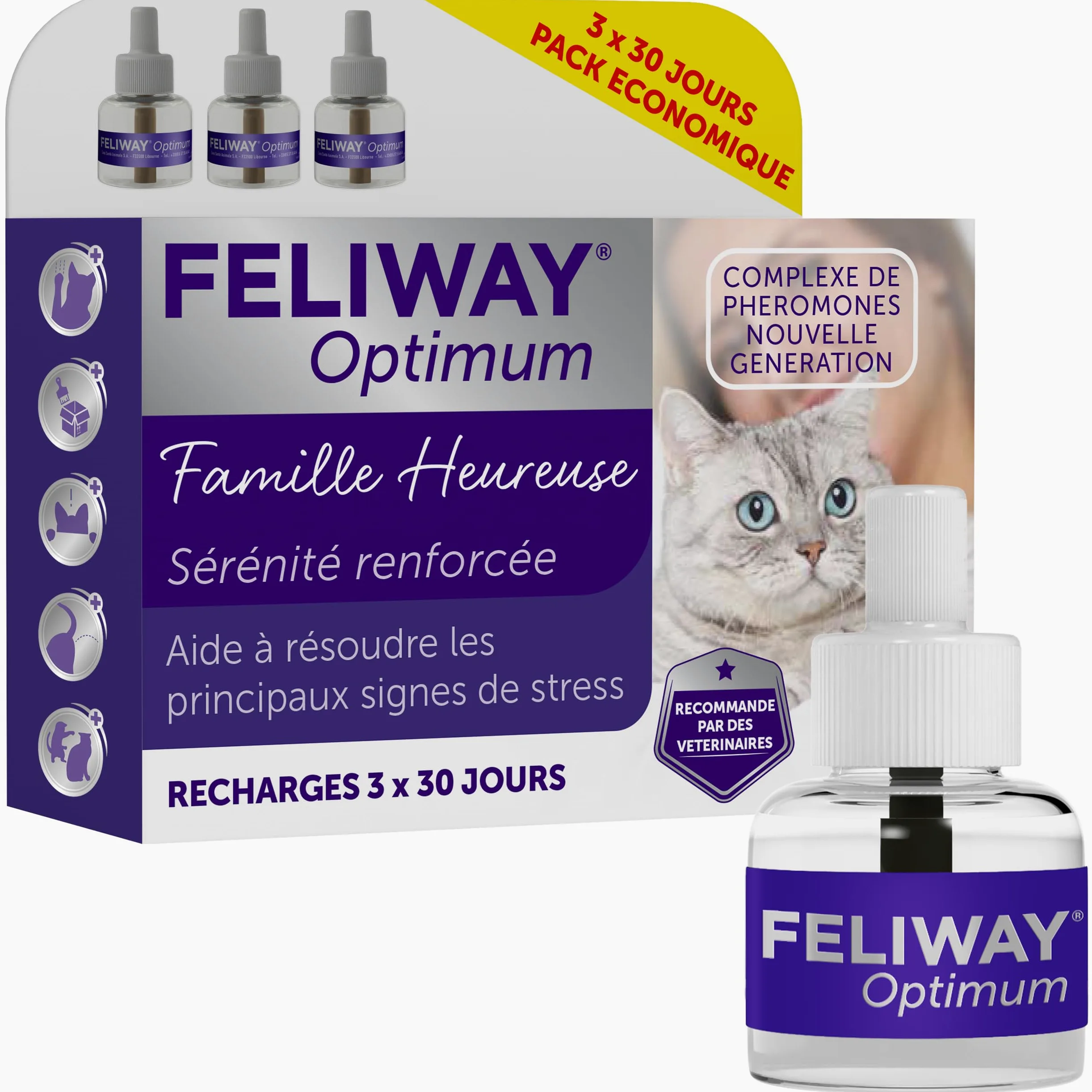FELIWAY Optimum - Antistress per gatti, complesso di feromoni lenitivi per una serenità rafforzata, confezione economica 3 ricariche (3 x 30 giorni)