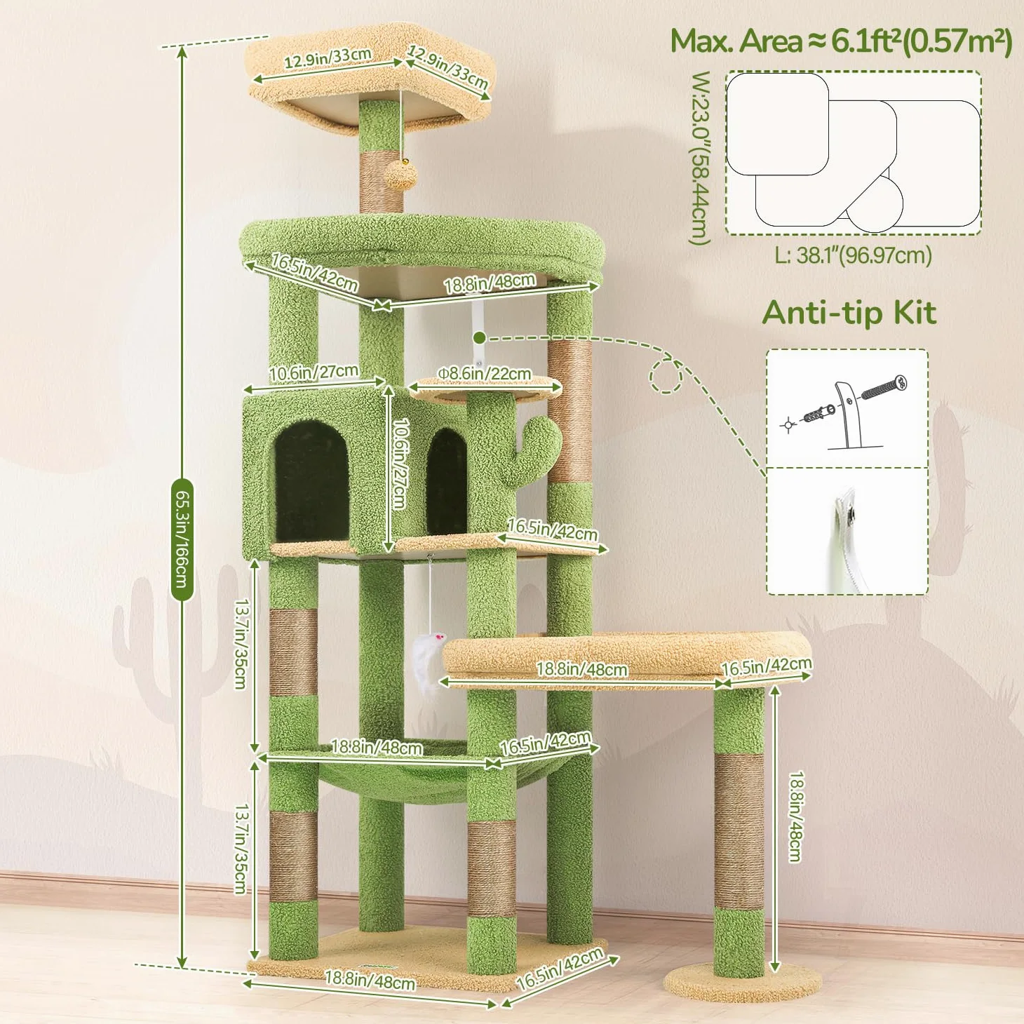 Globlazer Tiragraffi Cactus Verde per Gatti Grandi Alto 165cm con 2 Grandi Imbottiti Piattaforma 48*42CM, Extralarge Amaca, Grotte, Trespoli, Albero Torre Stabile con Supporto per Gatto (S65, Verde)