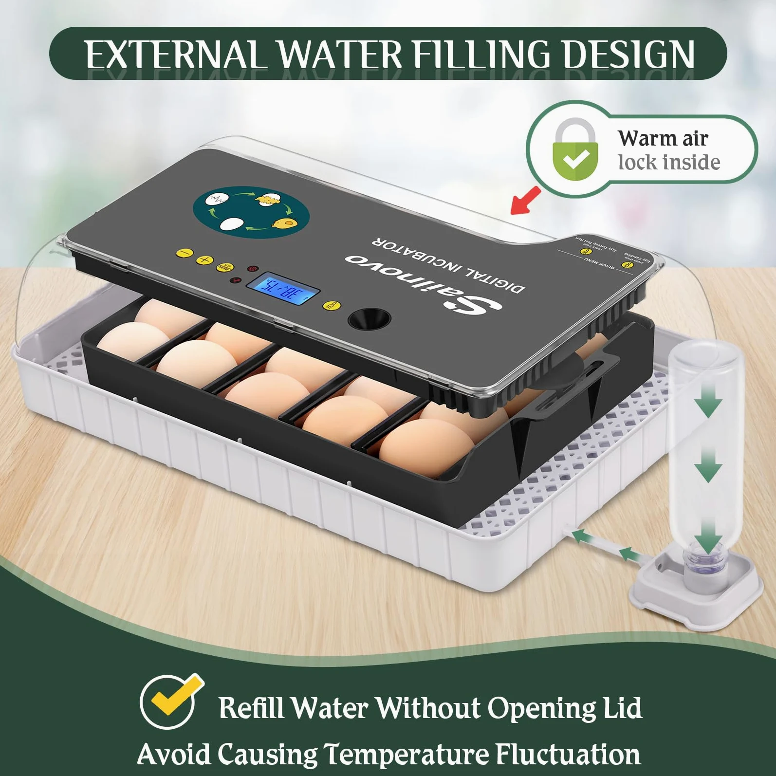 Sailnovo Sailvono 20 Incubateur entièrement automatique, avec ajout d'eau externe, contrôle de la température, éclairage LED, retournement automatique des œufs, de poules - Noir