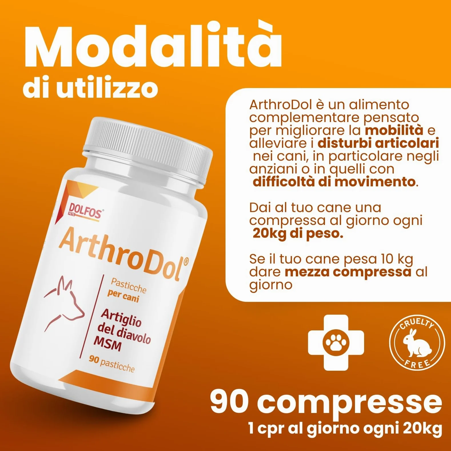 Dolfos Pets ArthroDol Integratore Articolazioni Cane, Antinfiammatorio e Analgesico Favorisce la Mobilità dei Cani Anziani 100% Naturale 90 Compresse