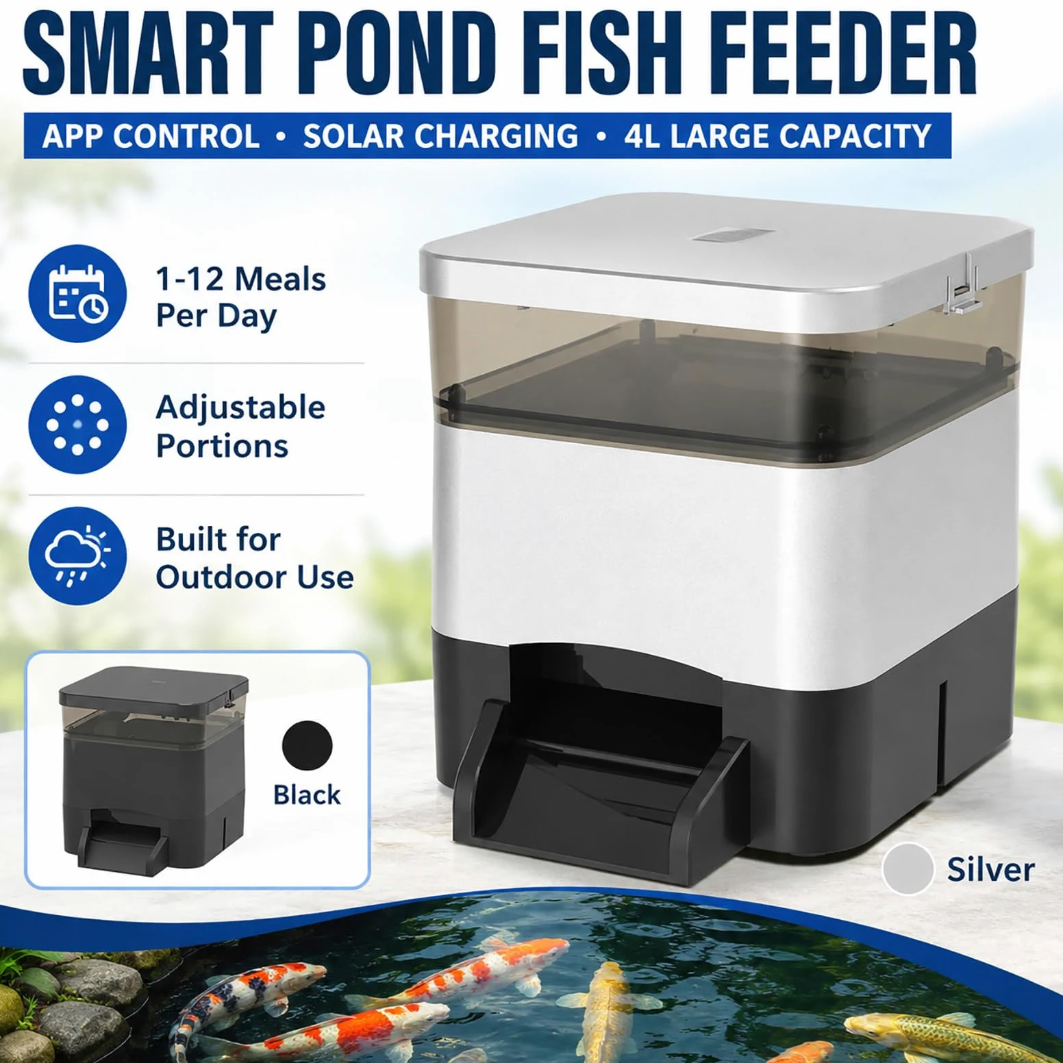 Distributore per Pesci da Laghetto 4 L - Mangiatoia Automatica con Serbatoio Trasparente Silver