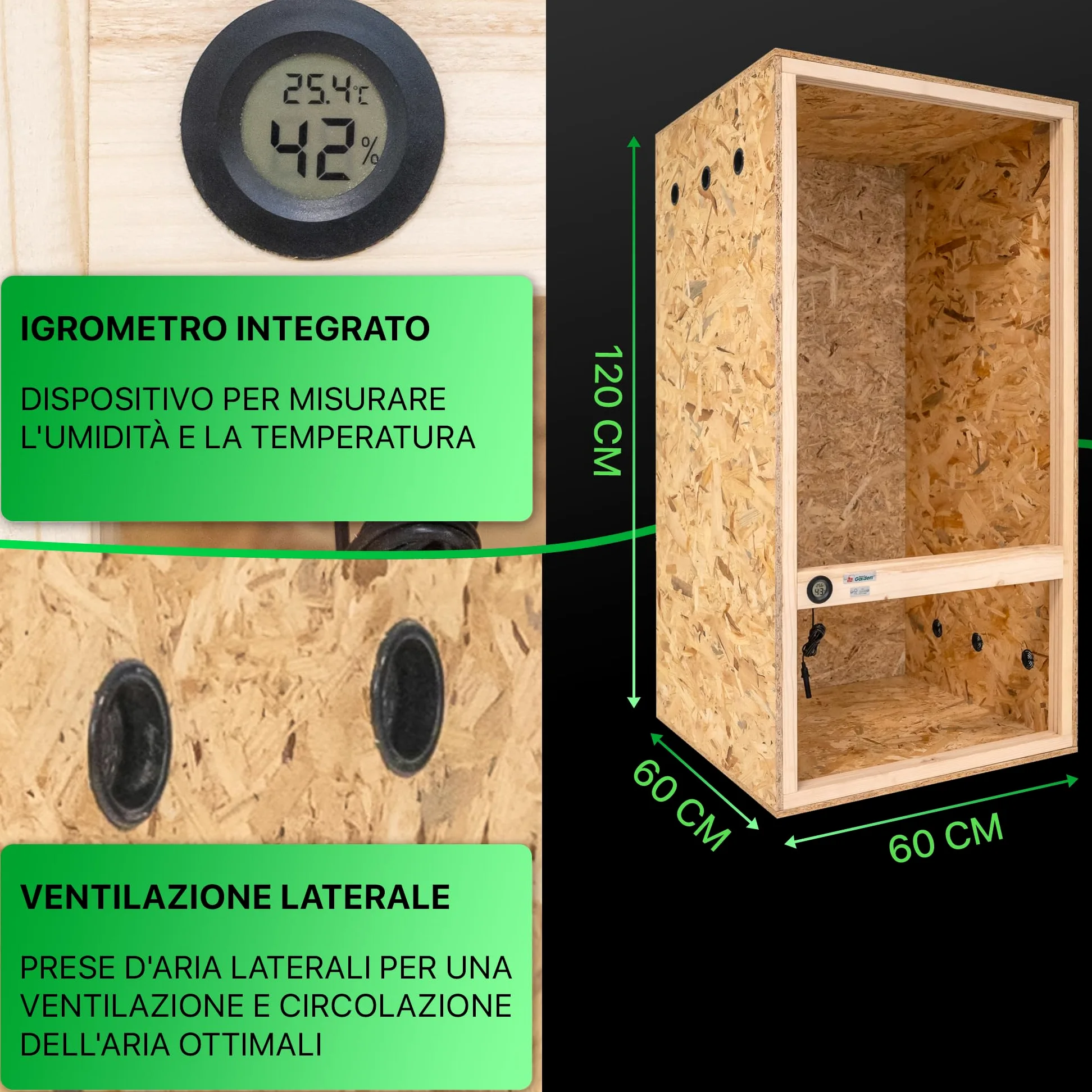 ITA Terrario alto 60x120x60 cm con ventilazione laterale e igrometro integrato - Terrario in legno OSB-3 - Per rettili, serpenti, anfibi - Prodotto UE, certificato FSC