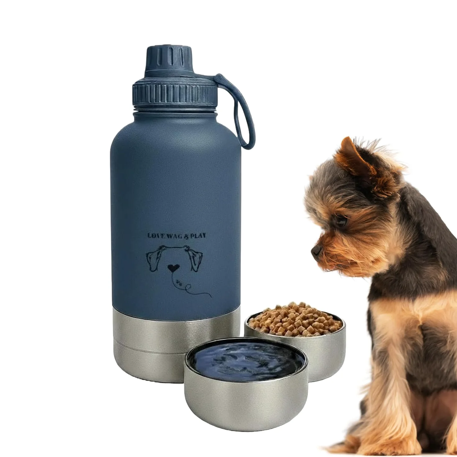 LOVE WAG & PLAY Borraccia per cani da 32 once – Borraccia portatile 2 in 1 per animali domestici, con ciotole integrate, a prova di perdite, senza BPA, per escursioni, passeggiate, uso esterno (blu