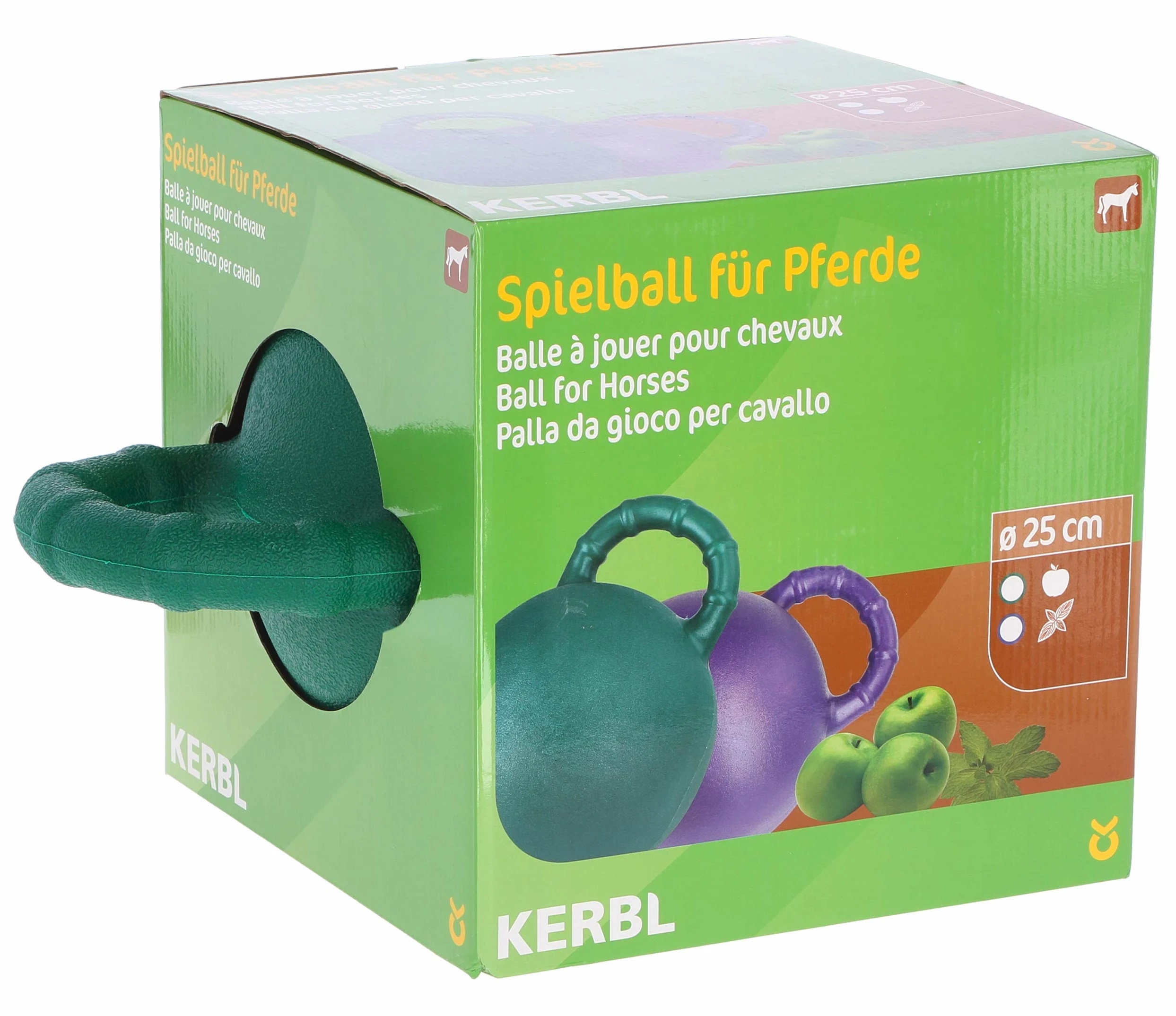 Kerbl Palla da gioco per cavalli, gusto mela, verde, 25 cm, cavallo, resistente ai morsi, con valvola speciale