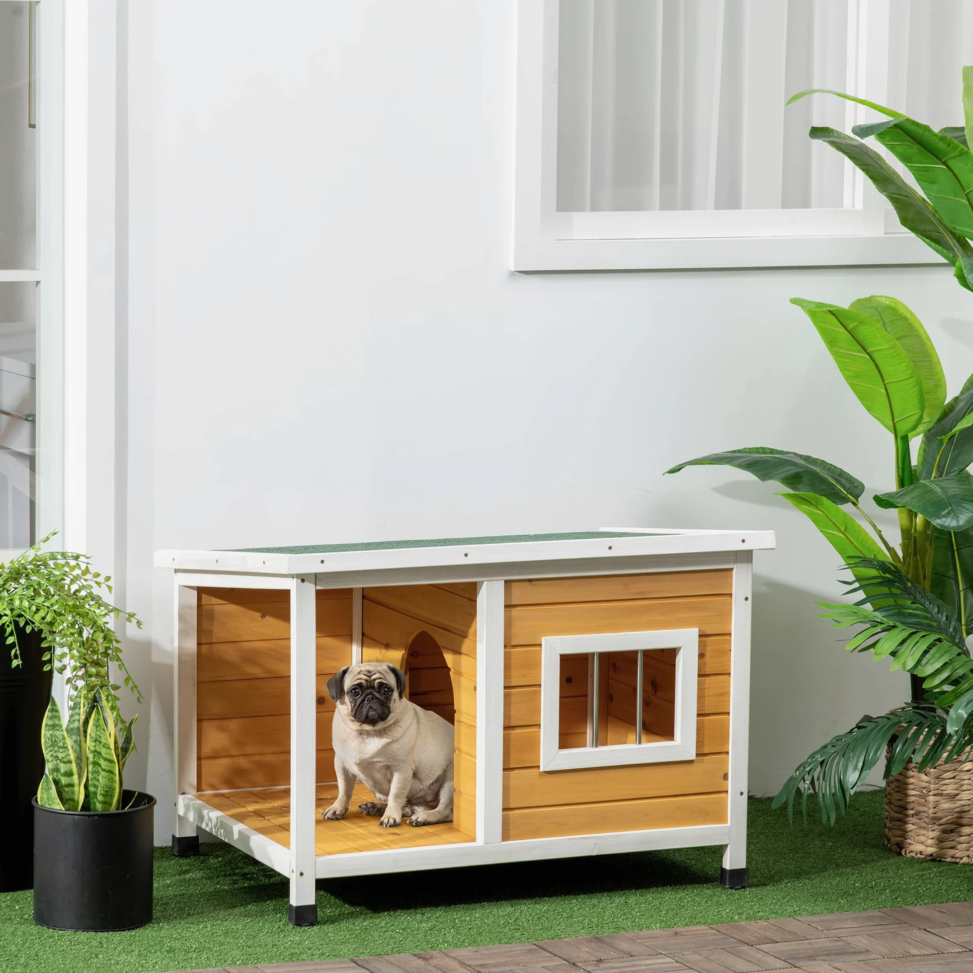 PawHut Cuccia per Cani da Esterno Rialzata con Veranda Coperta e Tetto Inclinabile, Cuccia da Esterno per Cane in Legno di Abete, 85.5x62x60 cm, Multicolore