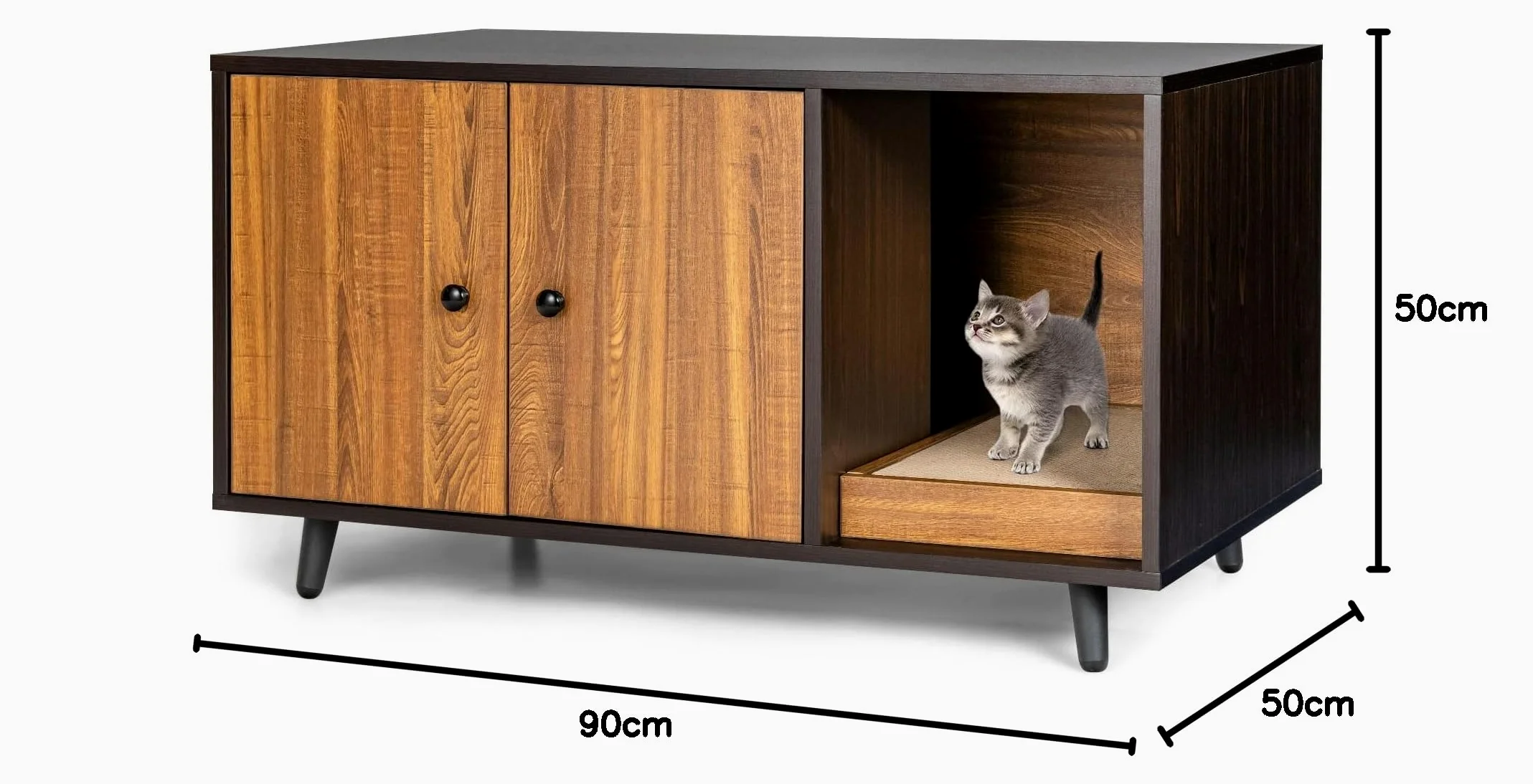FANTASK Casetta laterale 2 in 1, tavolo e armadietto per gatti con 2 ante, tavolino da caffè e lettiera per gatti, in legno, con design impermeabile, buona circolazione dell'aria, 90 x 50 x 50 cm