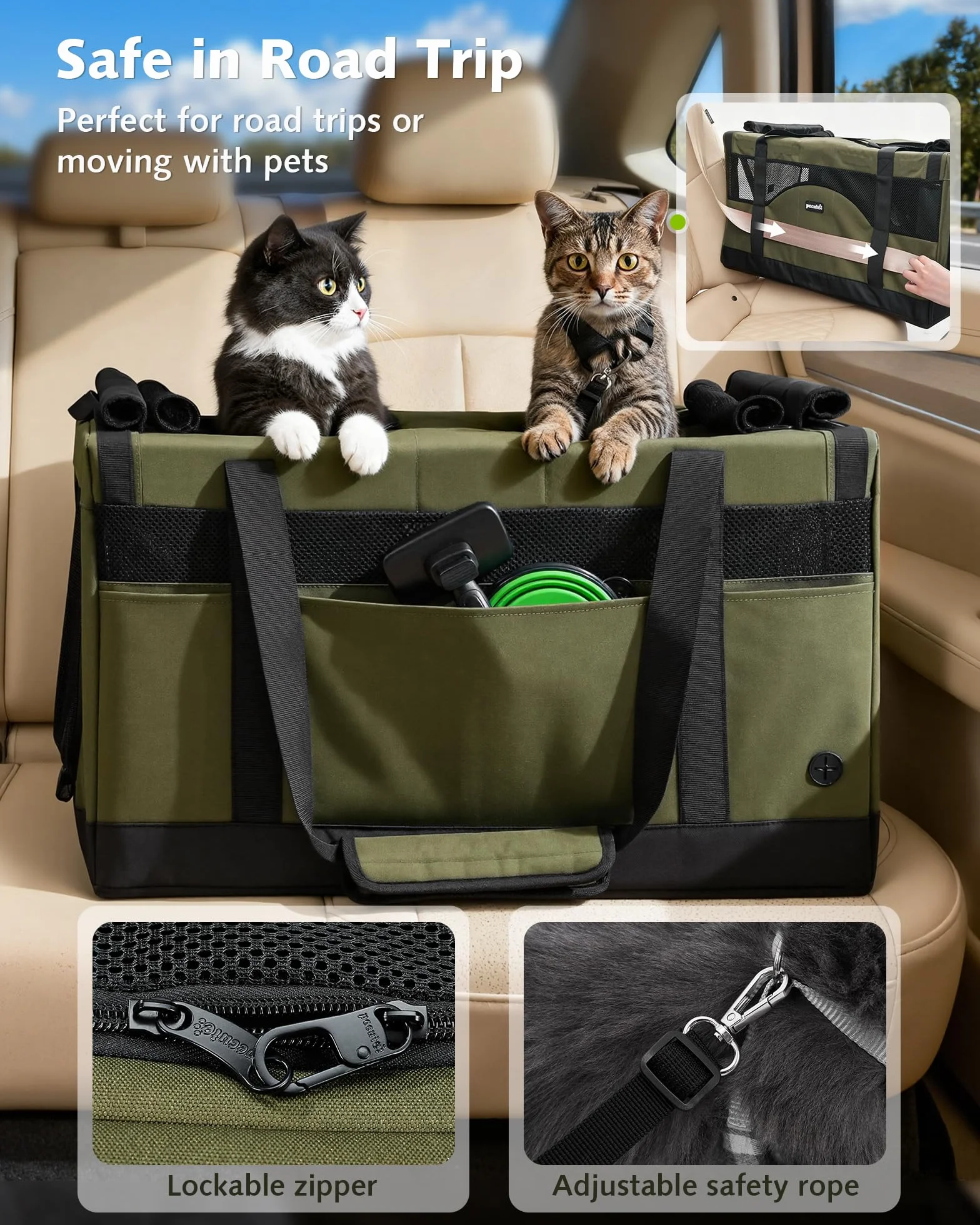 Pecute Trasportino per gatti a doppio scomparto, borsa per il trasporto di gatti ultra stabile, borsa da viaggio traspirante per gatti, traslochi e visite dal veterinario, Verde