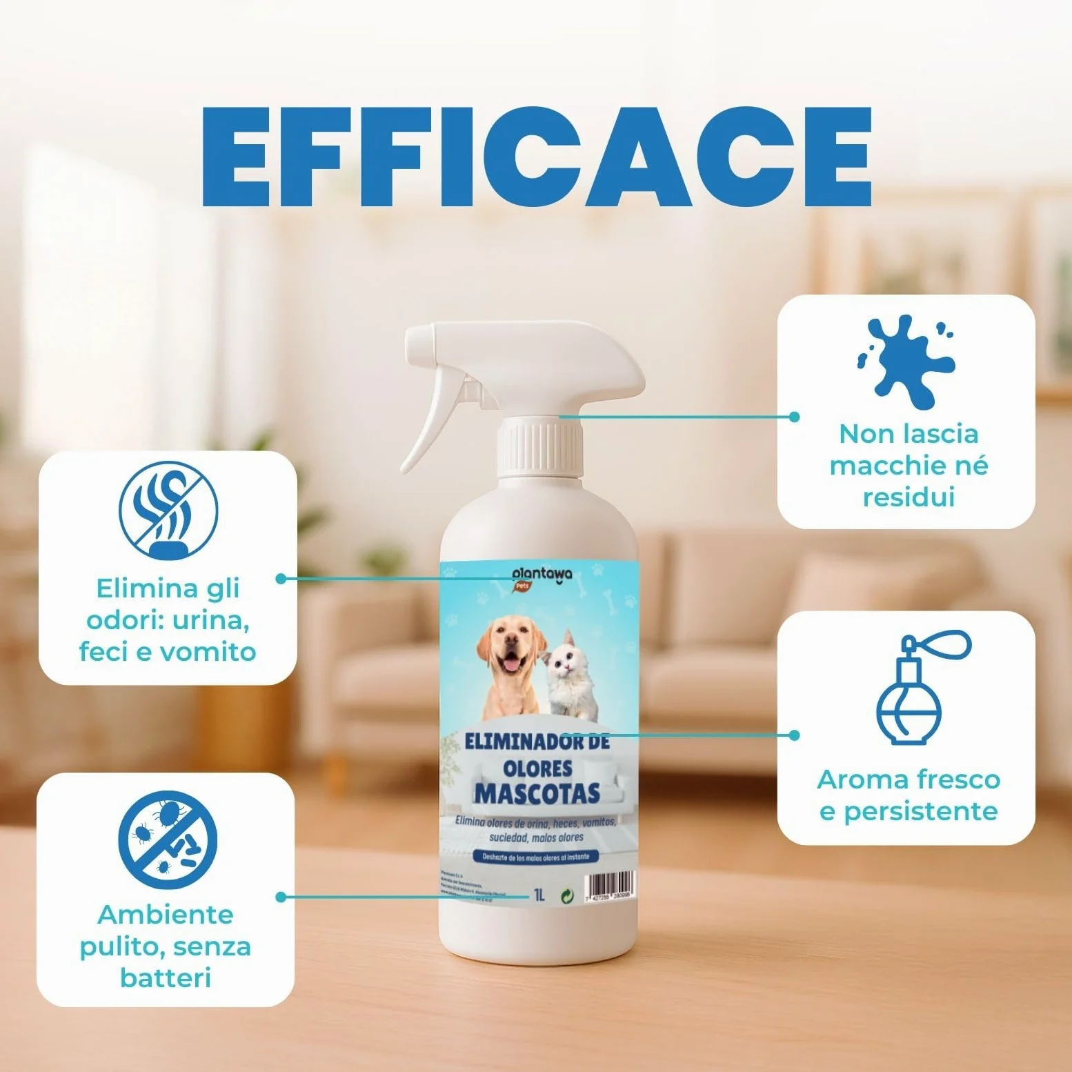 PLANTAWA Eliminatore di Odori di Animali Domestici Spray 1L | Eliminare Odore pipì Cane | Detergente Enzimatico urina Gatto, feci e Vomito | Repellente Naturale | Sicuro per Varie superfici e Tessuti