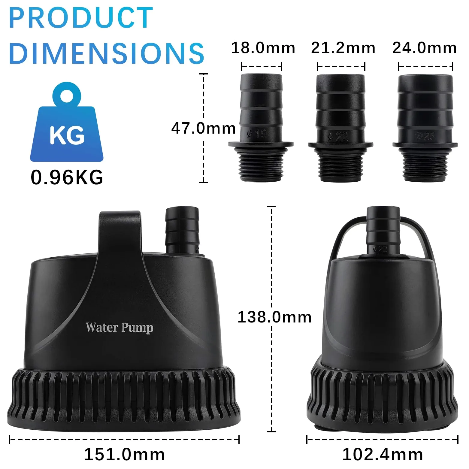 EXLECO Mini Pompa Acqua Submersible 3000L/H 40W, Piccola Acquario Pompa Immersione 230V, Pompa Dell'acqua Sporca Irrigazione Giardini con cavo da 2M, 2 Ugelli, per Fontana Giardino Laghetto