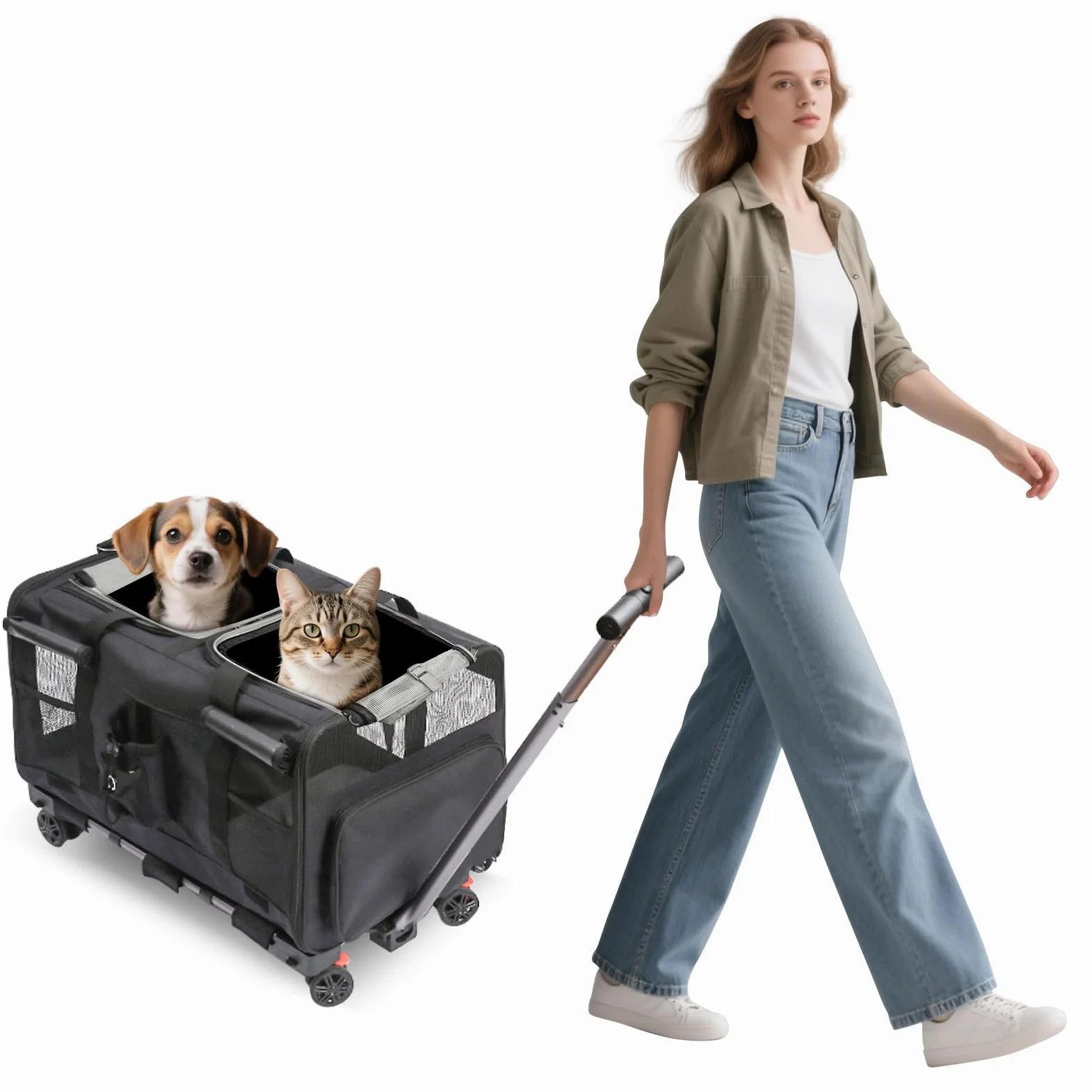 PETCUTE Trasportino Doppio Scomparto per Gatto/Cane con Ruote Staccabili,Pieghevole Trasportino per 2 Gatti/Piccoli Cani/Conigli, Traspirante Trasportino per Animali con Guinzaglio di Sicurezza,Nero
