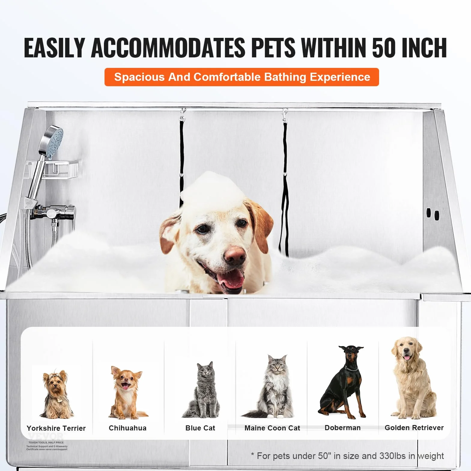 VEVOR Vasca da Bagno per Cani Animali Domestici Lunghezza max. 127 cm, Vasca per Toelettatura Cani in Acciaio Inox Vasca da Bagno Altezza Regolabile Elettrico per Animali Domestici Porta a Destra