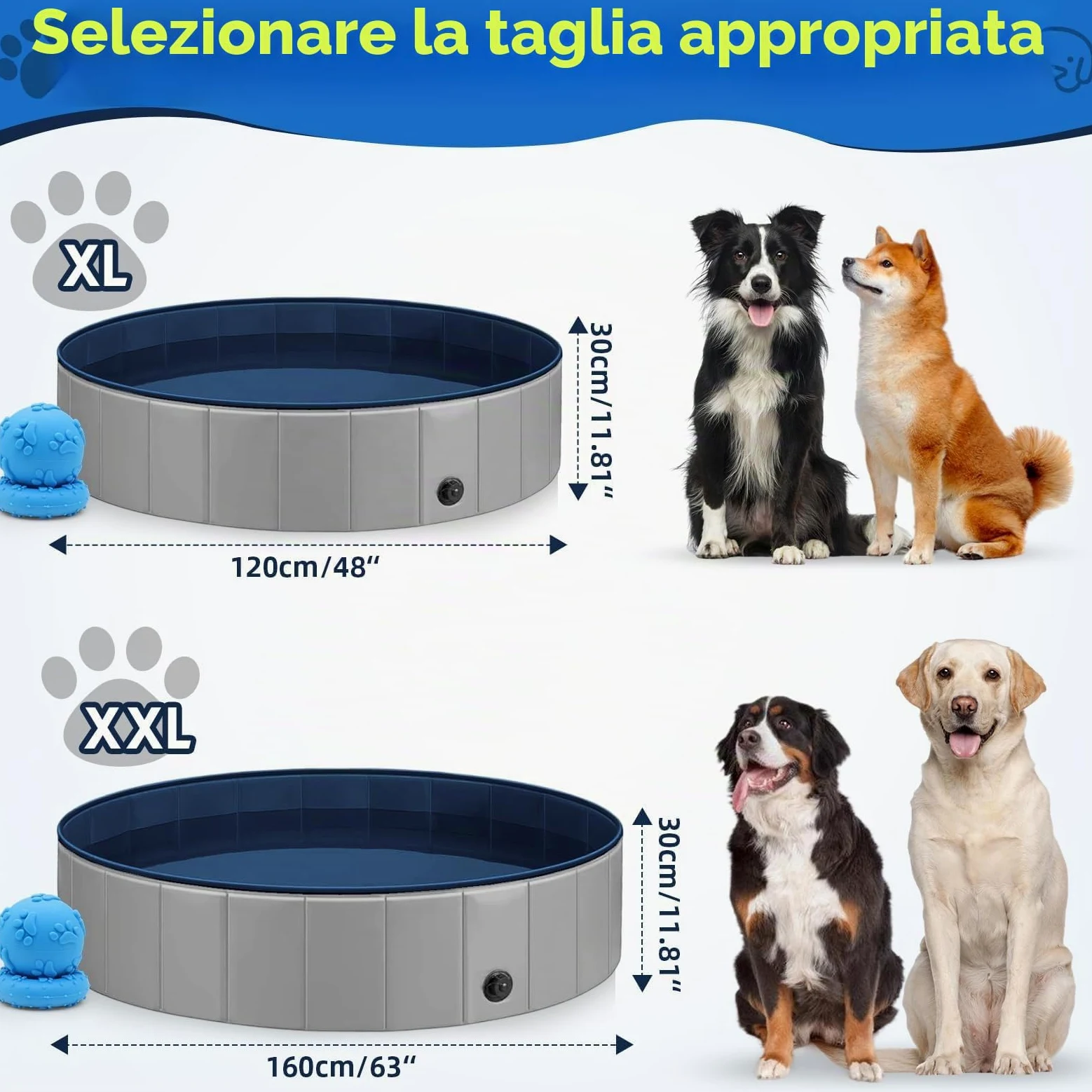 Piscina per cani extra large, 160 cm, resistente, pieghevole, per cani di grossa taglia, antiscivolo, con valvola di scarico e 2 giocattoli da masticare, piscina pieghevole per cani, per giardino