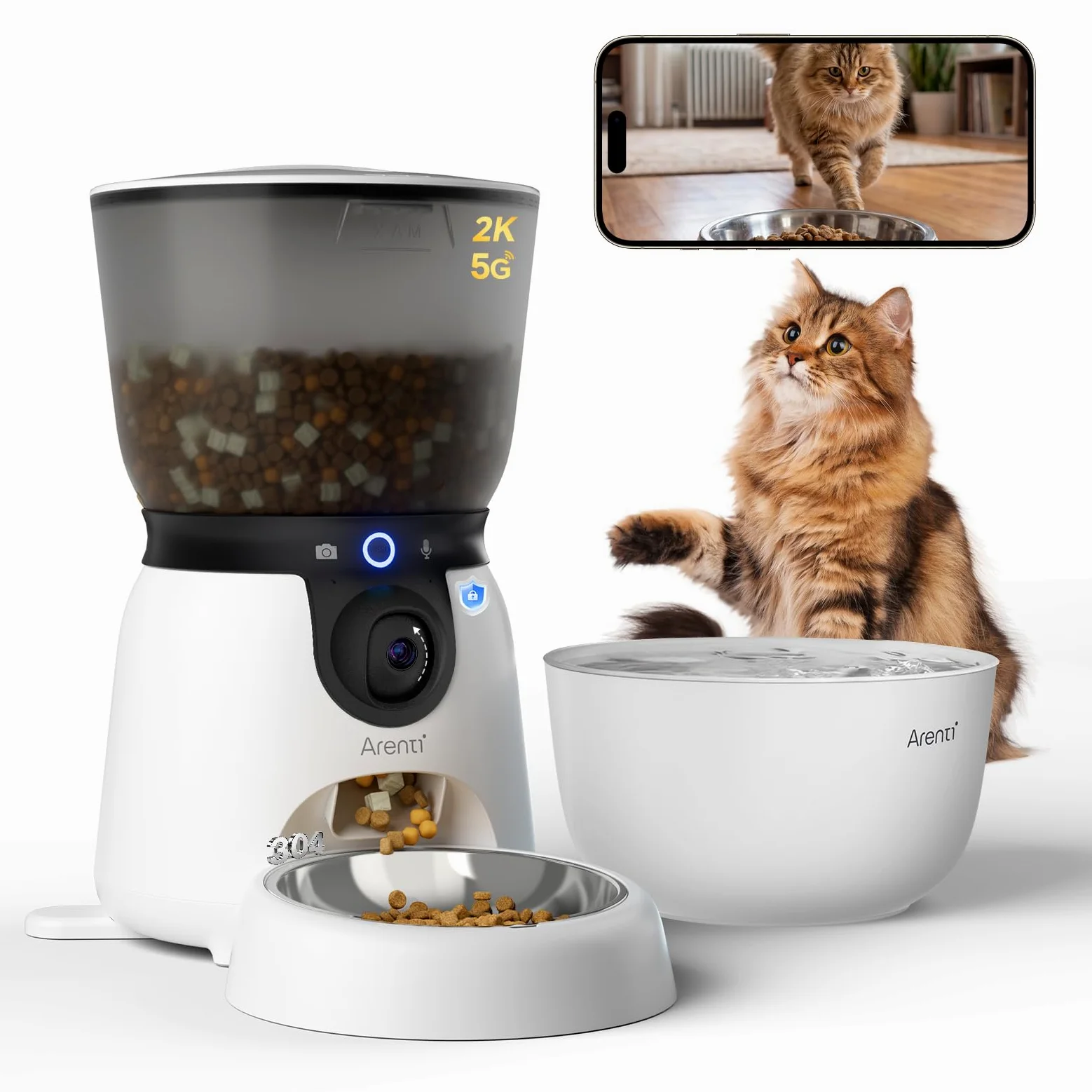 ARENTI Distributore Automatico Cibo per Gatti e Cani con Telecamera HD 2K/3MP,Fontanella per Gatti,WiFi 2.4G&5G,4.5L Dispenser Cibo Gatti/Cani con Audio Bidirezionale, Controllo APP