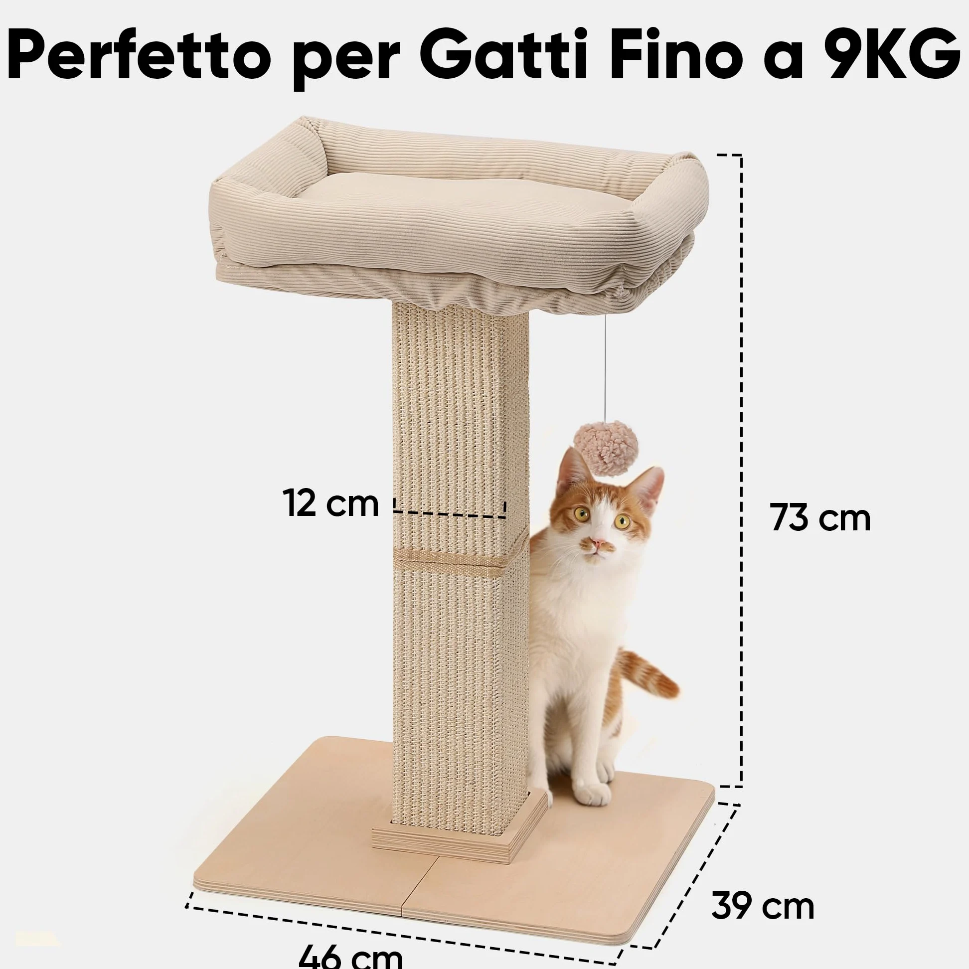 FUKUMARU Tiragraffi per Gatti, Moderno Palo Tiragraffi Alto con Cuccia per Gatti Adulti da Interno, Grande Albero Graffi con Cuccia, Struttura in Legno Massello e Sisal Naturale