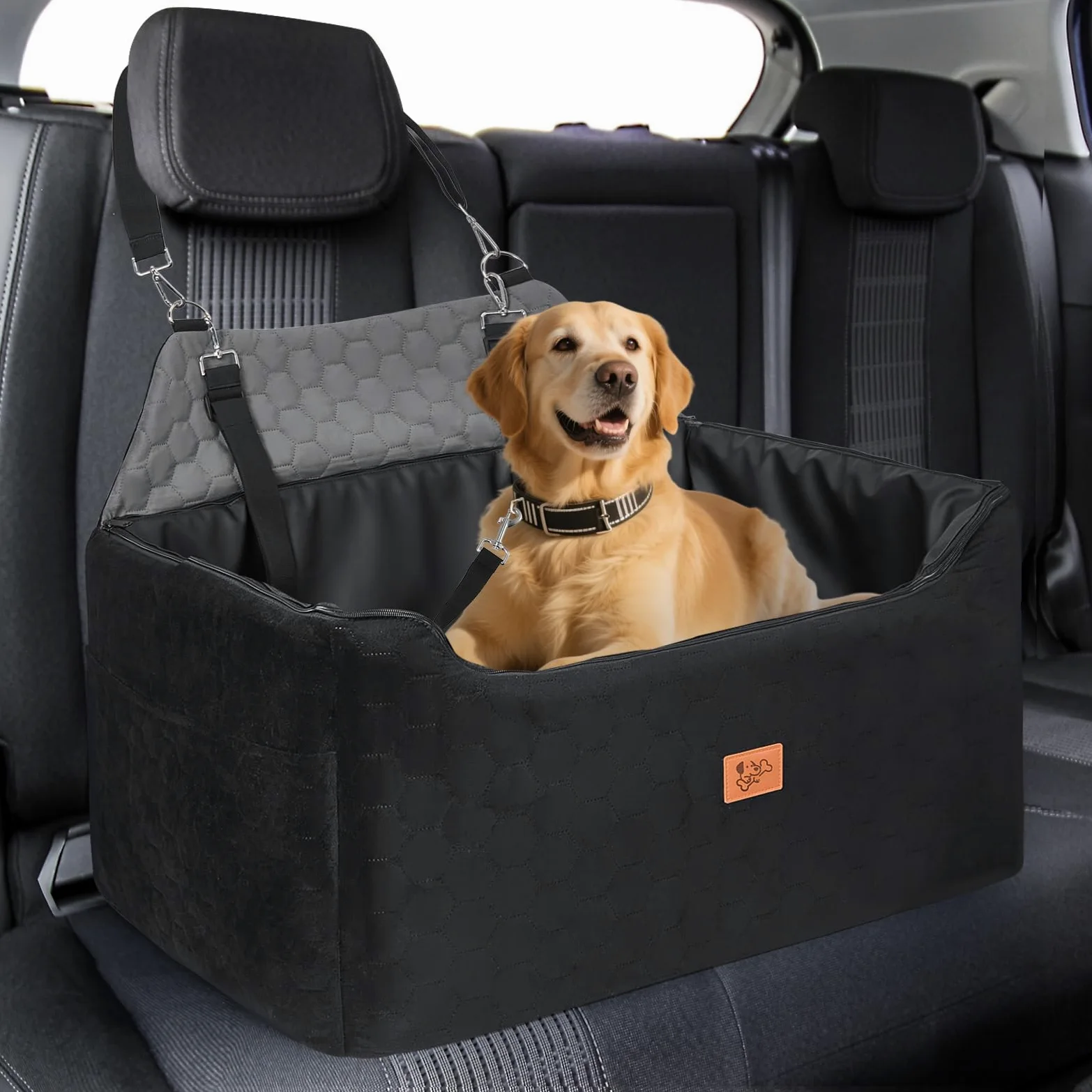 Seggiolino Auto per Cani 78x55x53cm, Rialzo Rimovibile e Lavabile per Cani di Taglia Media e Grande, Guinzaglio Incluso, Seggiolino Cane Auto più Pesanti (con Rivestimento in Pelle Impermeabile)